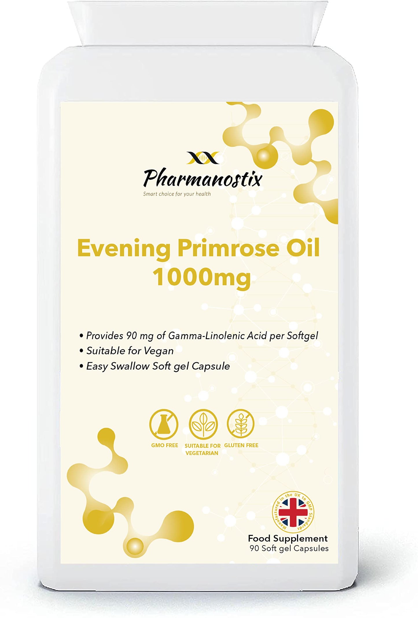 Evening Primrose Oil 1000mg 90 Vegan Softgel Capsules - Cold Pressed - High GLA Formulation with Vitamin E - No GMOs - UK Made by Pharmanostix