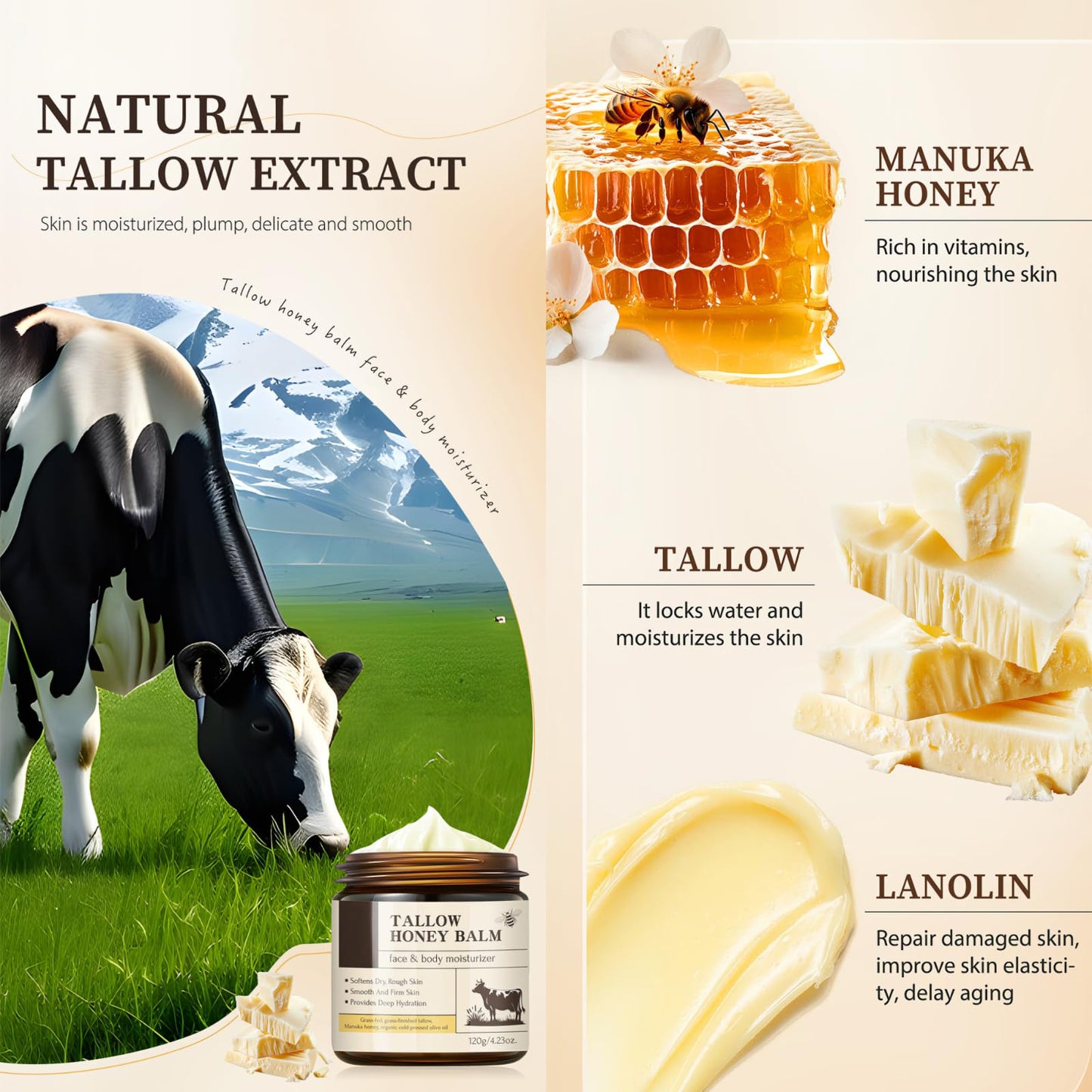 CTUBLIAUNX Beef Tallow Skin Care Balm - Body & Face Moisturizer with Manuka Honey and Grass-Fed Beef Tallow, Deep Hydration, Wrinkle Repair for Dry Sensitive Skin
