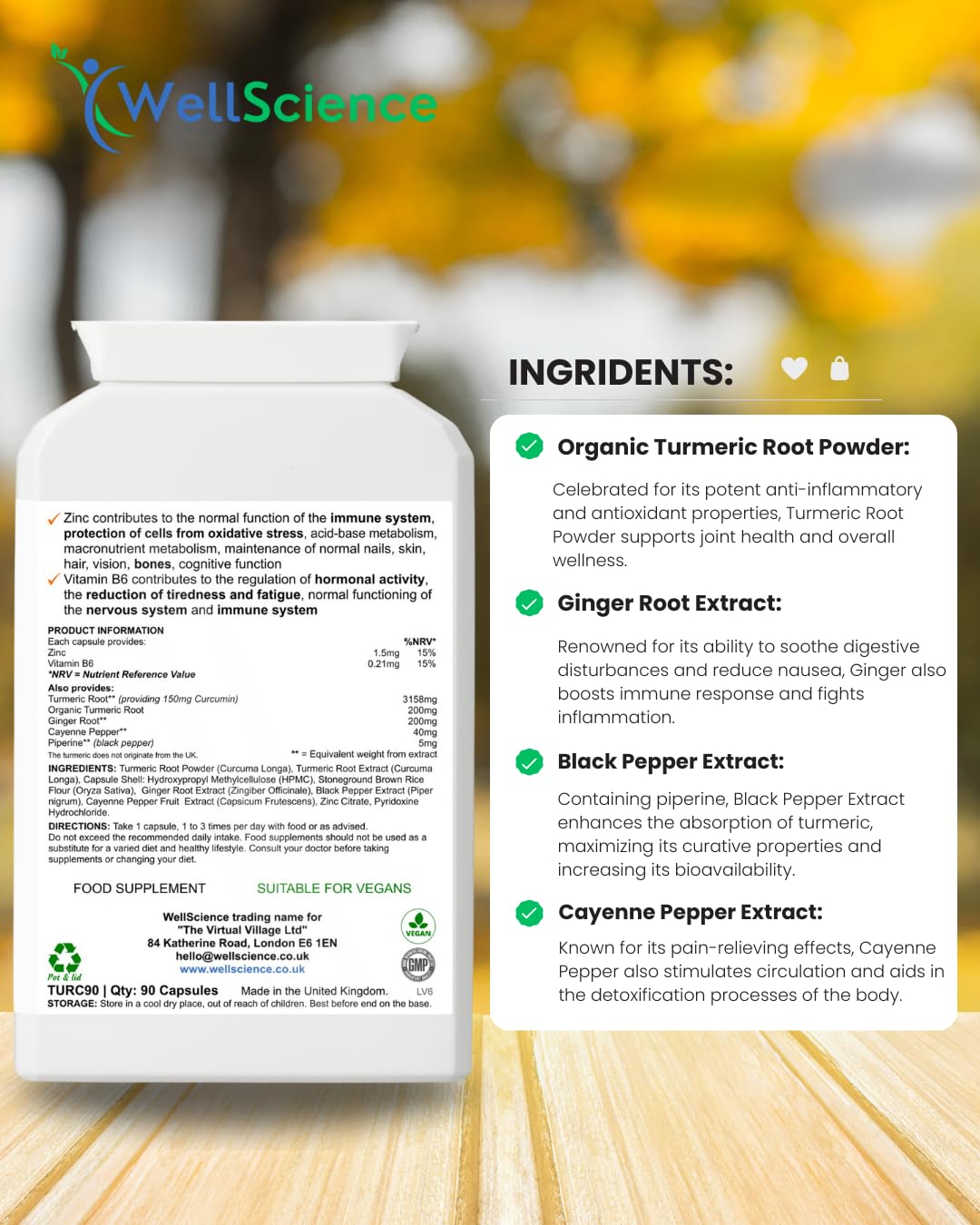 Wellscience WellScience GoldenHeal Blend: Immune Support, Anti-Inflammatory, and Digestive Health - Organic Turmeric, Curcumin, Black Pepper, Ginger & Cayenne