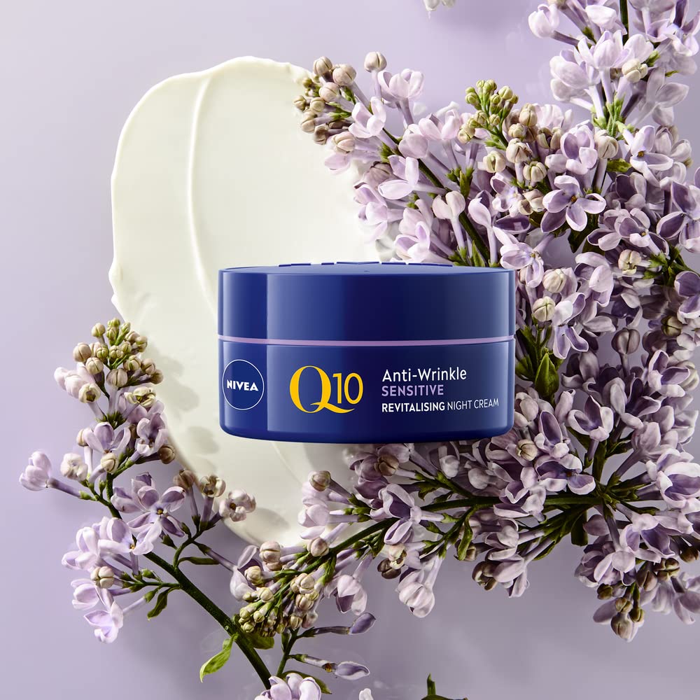 NIVEA Q10 Anti-Wrinkle Sensitive Revitalising Night Cream (50ml), Face Cream with Pure Skin Identical Q10 and Liquorice Extract, Sensitive Skin Cream