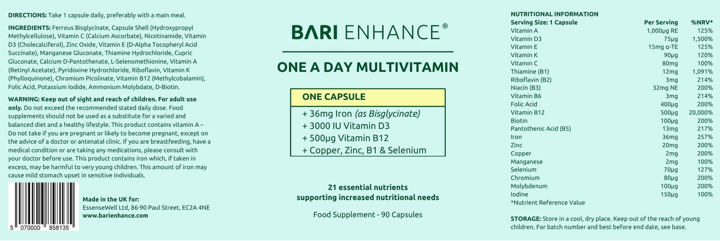 One-A-Day Bariatric Multivitamin with 36mg Iron | 3000iu D3 + 500mcg B12 | Vitamin for Gastric Sleeve | Vitamin for Gastric Bypass | 90 Capsules (3-Month Supply)
