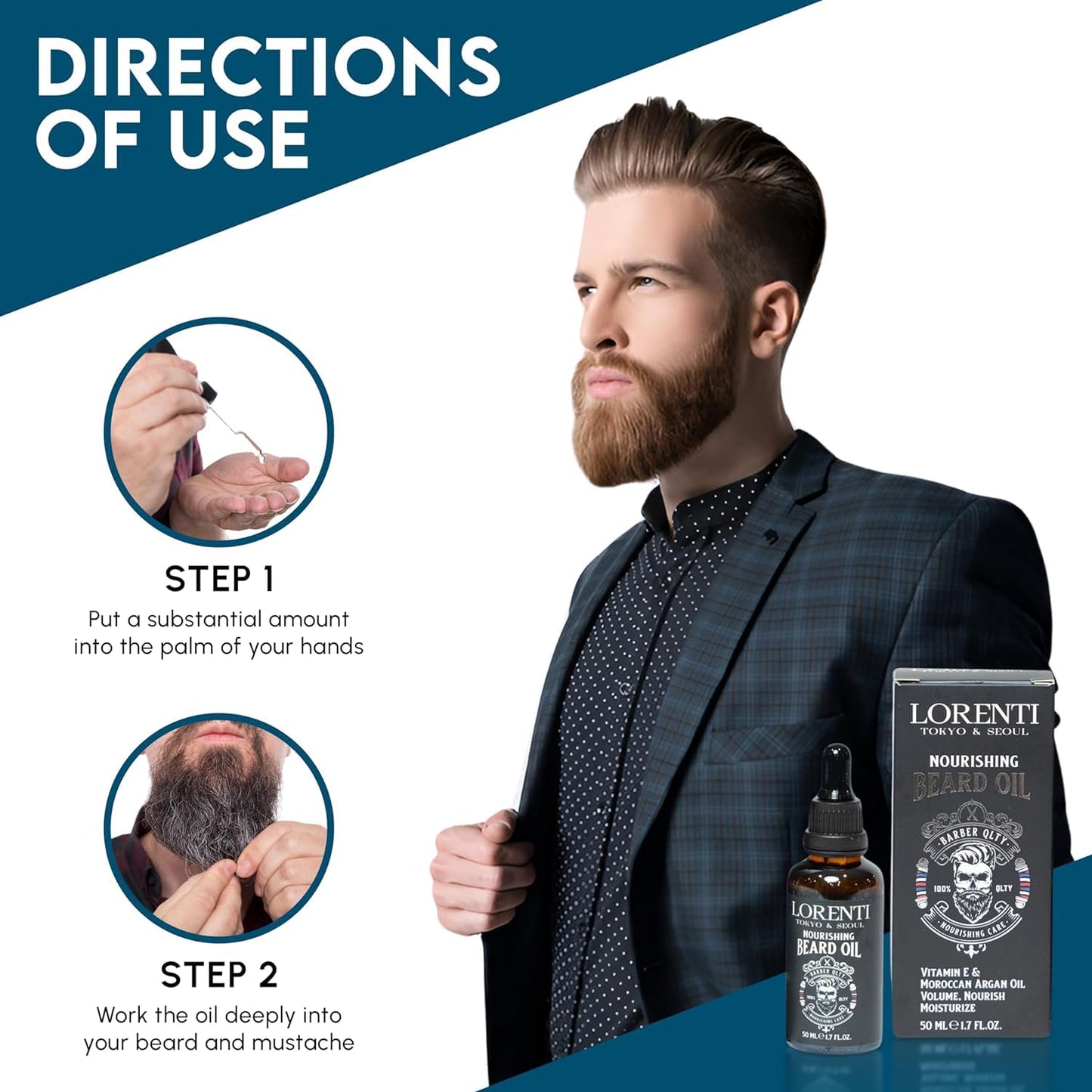 Lorenti Premium Beard Oil 100% Natural Beard Conditioner & Organic Moroccan Argan | Vitamin E Beard Oils Helps Volume, Moisturize & Nourish Beard Growth 1.69 Fl Oz (50ml)