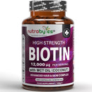 Biotin Hair Growth Supplement 12000mcg enriched with Coconut Oil (MCT), 180 Vegan Capsules, 6 Months Supply, Hair Growth Supplement Capsules for Men & Women, Healthy Skin, Hair, Nails - Made in UK