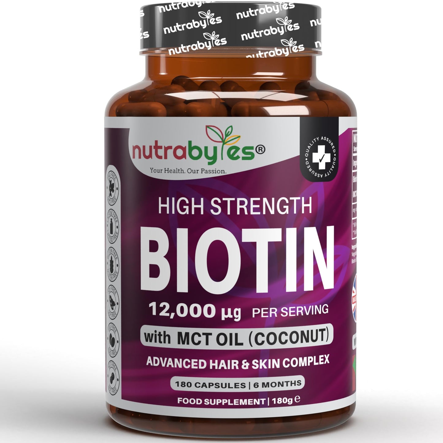 Biotin Hair Growth Supplement 12000mcg enriched with Coconut Oil (MCT), 180 Vegan Capsules, 6 Months Supply, Hair Growth Supplement Capsules for Men & Women, Healthy Skin, Hair, Nails - Made in UK