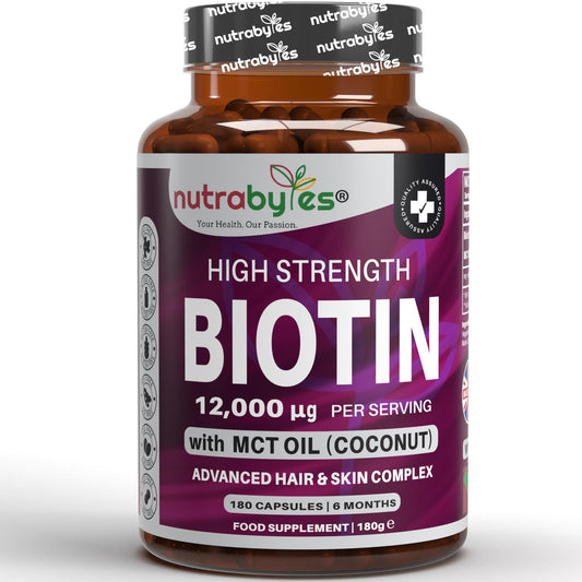 Biotin Hair Growth Supplement 12000mcg enriched with Coconut Oil (MCT), 180 Vegan Capsules, 6 Months Supply, Hair Growth Supplement Capsules for Men & Women, Healthy Skin, Hair, Nails - Made in UK