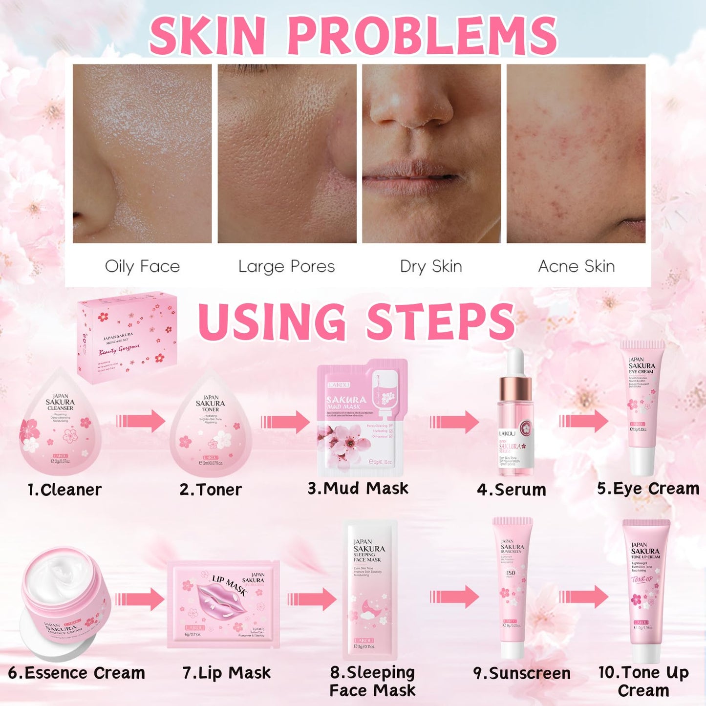 30Pcs Sakura Skincare Set, Skin Care for Teenage Girls Gift Set, Girls Pamper Set with Cleanser,Toner,Serum,Eye Cream,Face Cream,Lip Mask,Sleeping Mask,Mud Mask,Tone Up Cream,Sunscreen