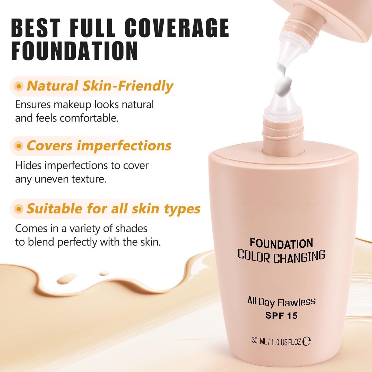 leyosger TLM Color Changing Foundation, Face Cover Concealer Cream, Warm Skin Tone Foundation, Moisturizing Liquid Foundation Makeup Base, Waterproof Poreless Foundation SPF15, Pack of 1 (B, 30ML)
