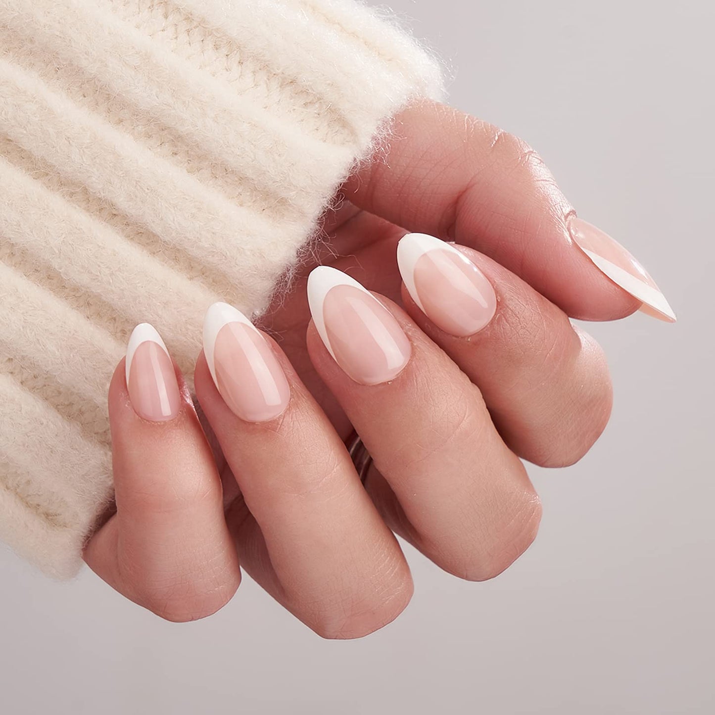 BTArtbox Press on Nails - Short Almond French Tip False Nails with Glue, 32Pcs Soft Gel Fake Nail in 16 Sizes, Reusable Semi-Transparent Stick on Nails for Women, White French