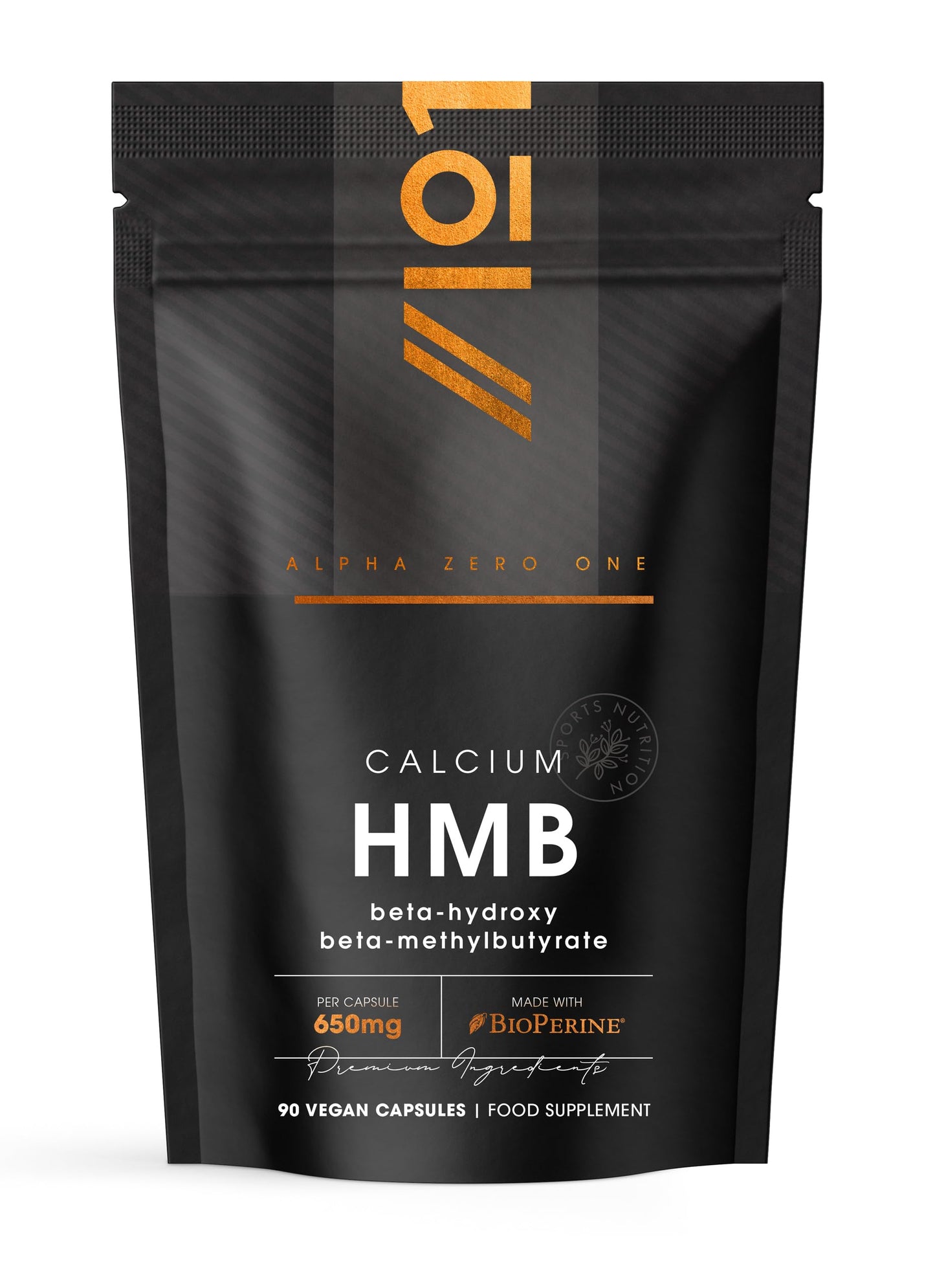 HMB 1300mg with BioPerine® – High Strength Calcium HMB Beta-Hydroxy Beta-Methylbutyrate Supplement – 90 Vegan Capsules – Resealable and Recyclable Pouch – by Alpha01