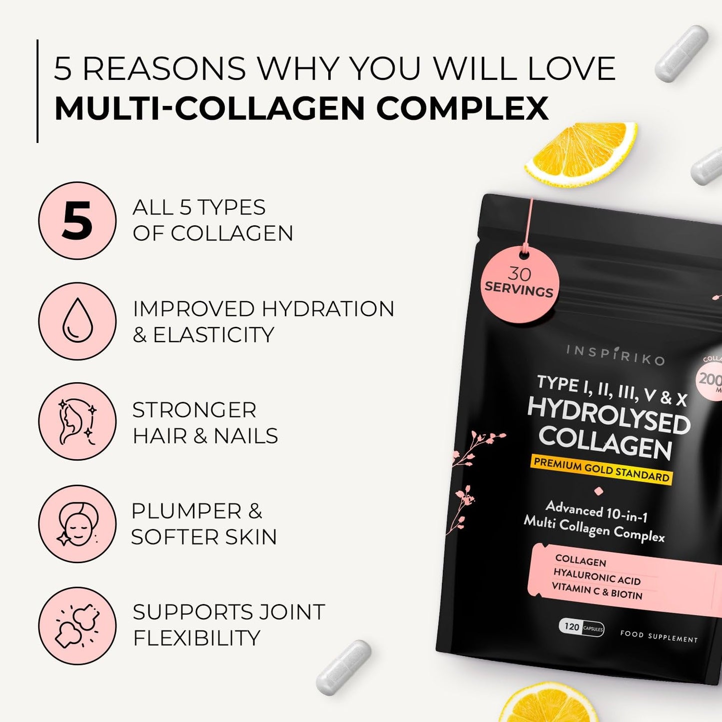 Inspiriko Multi Collagen Supplements for Women - Type I, II, III, V & X Hydrolyzed Collagen Peptides - 2000mg (per 4 capsules) Marine Collagen with Hyaluronic Acid, Bovine, Egg, Cartilage Collagen & 5 Vitamins
