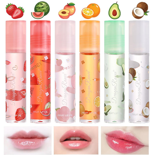 Dulele 6 Pcs Hydrating Fruit-Flavored Lip Oil Set, Long Lasting Transparent Moisturizing No-Sticky Plumping Lip Gloss, Colorless Lip Care Kit(Peaches, Orange, Avocado, Strawberry, Watermelon, Coconut)