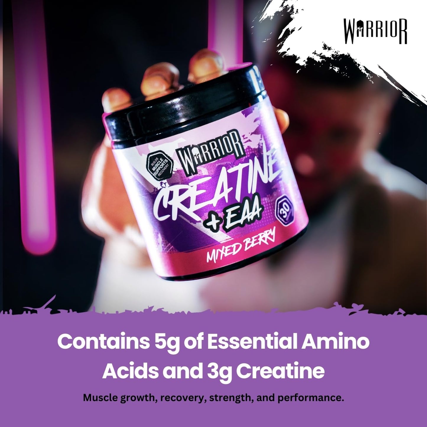 Warrior Creatine Monohydrate Plus EAA – 30 Servings Muscle Recovery & Support Formula with Performance Supplement Essential Amino Acid Powder Pre and Post Workout 270g Mixed Berry Flavour
