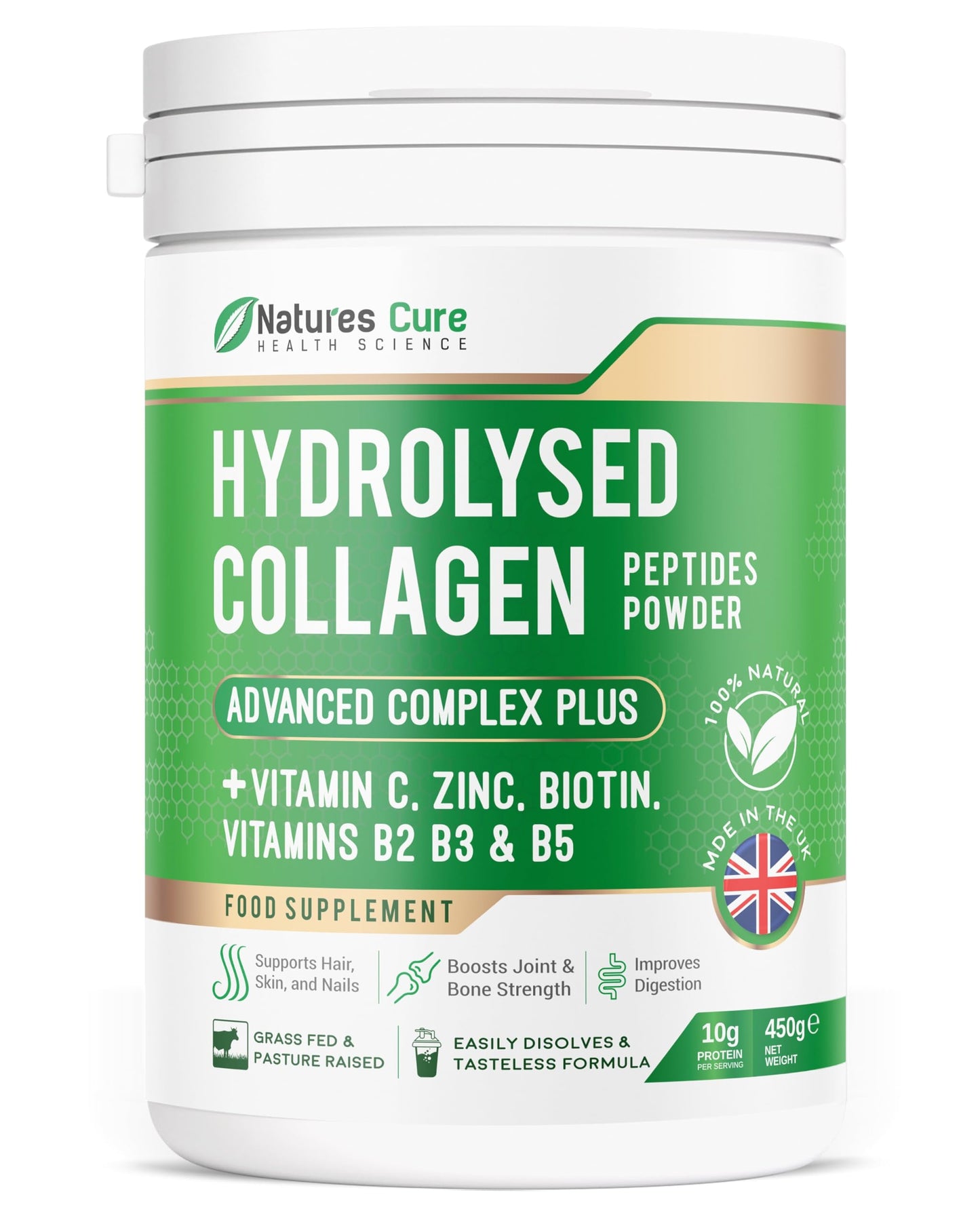 Natures cure Premium Collagen Powder Complex – Bovine Collagen Peptides 450g- Enriched with Essential B Vitamins, Vitamin C, Zinc & Biotin – Pure Hydrolysed Collagen Supplement – by Natures Cure