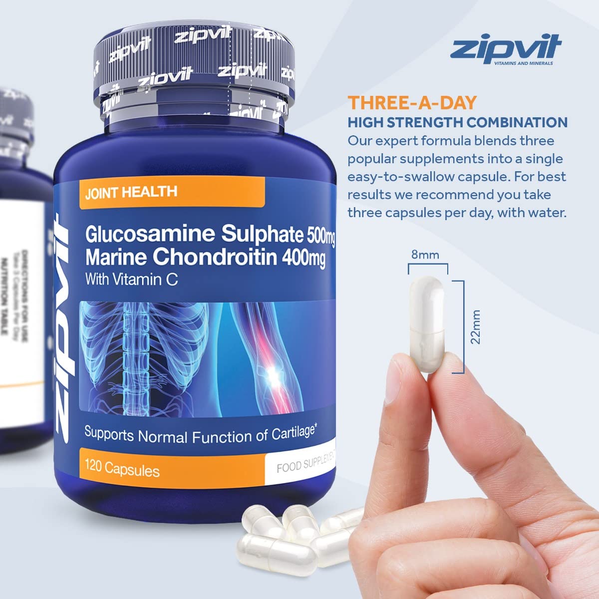 Glucosamine and Chondroitin high Strength, 120 Capsules. Maintains Normal Joint Cartilage. Glucosamine and Chondroitin Capsules with Vitamin C Joint Care Supplement. UK Supplier.