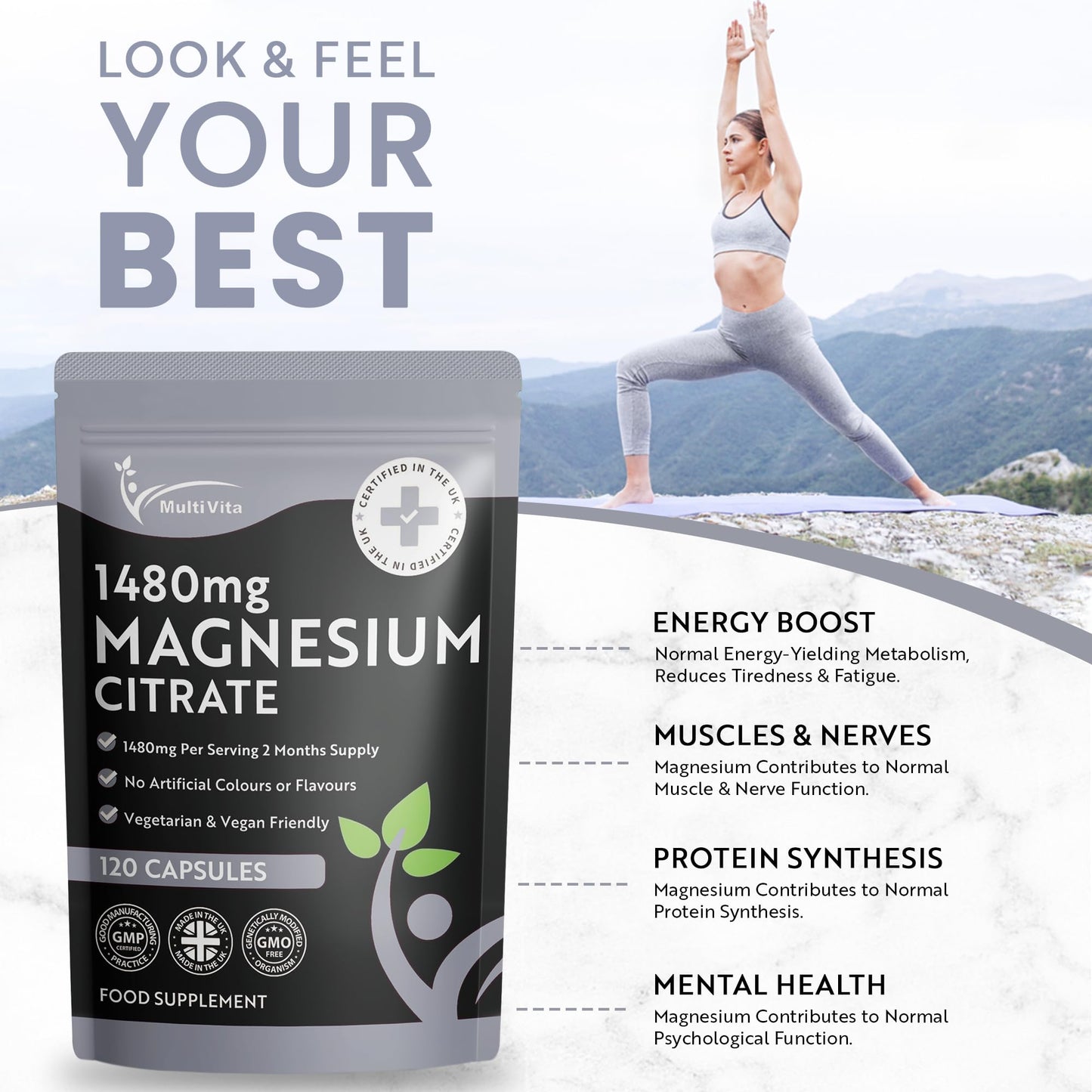 Multivita Magnesium Citrate 1,480mg 120 Vegan Capsules 2 Months Supply - Providing 440mg Elemental Magnesium Per Serving - Magnesium Capsules not Magnesium Tablets - High Strength Magnesium Supplement GMO Free