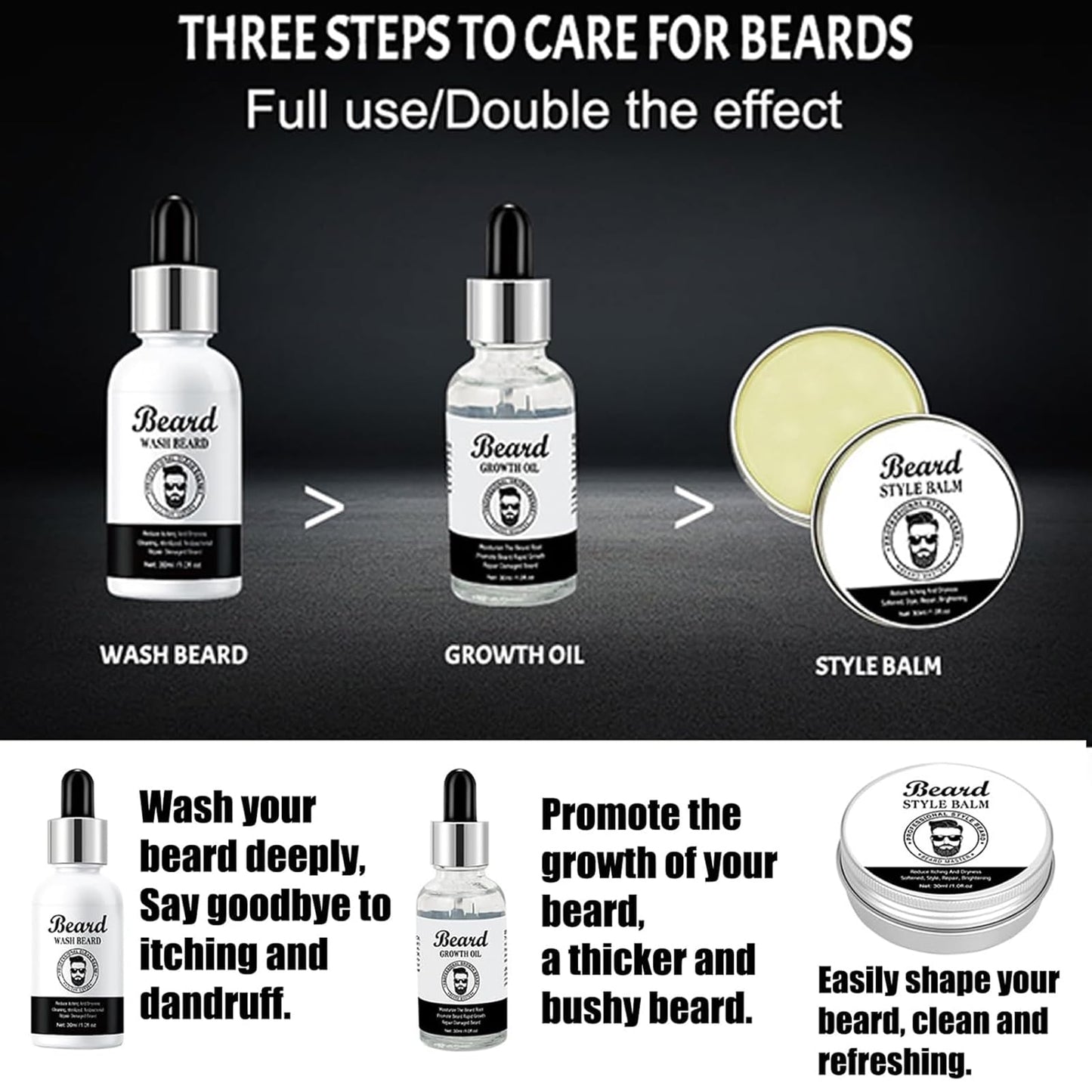 Men's Beard Grooming Kit with Shampoo, Oil, Balm - Complete Beard Care Set for Growth, Moisturizing, Styling - Valentine's Day, Father's Day, Birthday gifts - Complete beard care for men