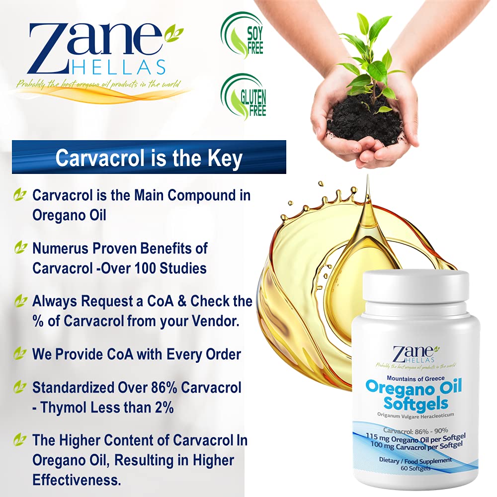 Zane HELLAS Probably the best oregano oil products in the world Zane Hellas Oregano Oil Softgels. Extra Strength. Every Softgel Contains 20% Greek Essential Oil of Oregano. 100 mg Carvacrol per Softgel.60 Softgels.