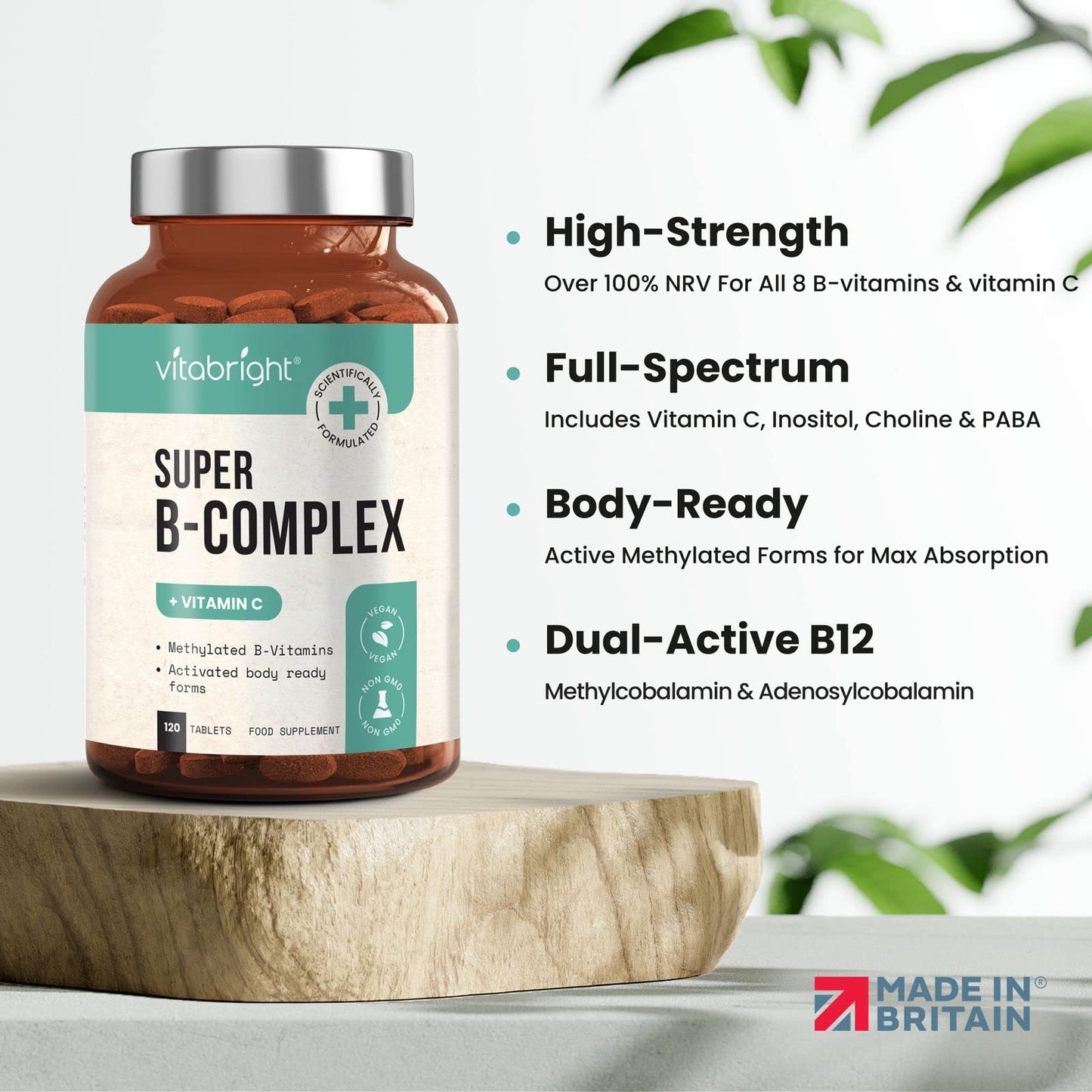 Vitamin B Complex Supplement - 11 B Vitamins (B1, B2, B3, B4, B5, B6, B7, B8, B9, B10, B12) - Plus VIT C - 120 Tablets - High Strength Advanced Formula for Easy Absorption - Made in UK by VitaBright