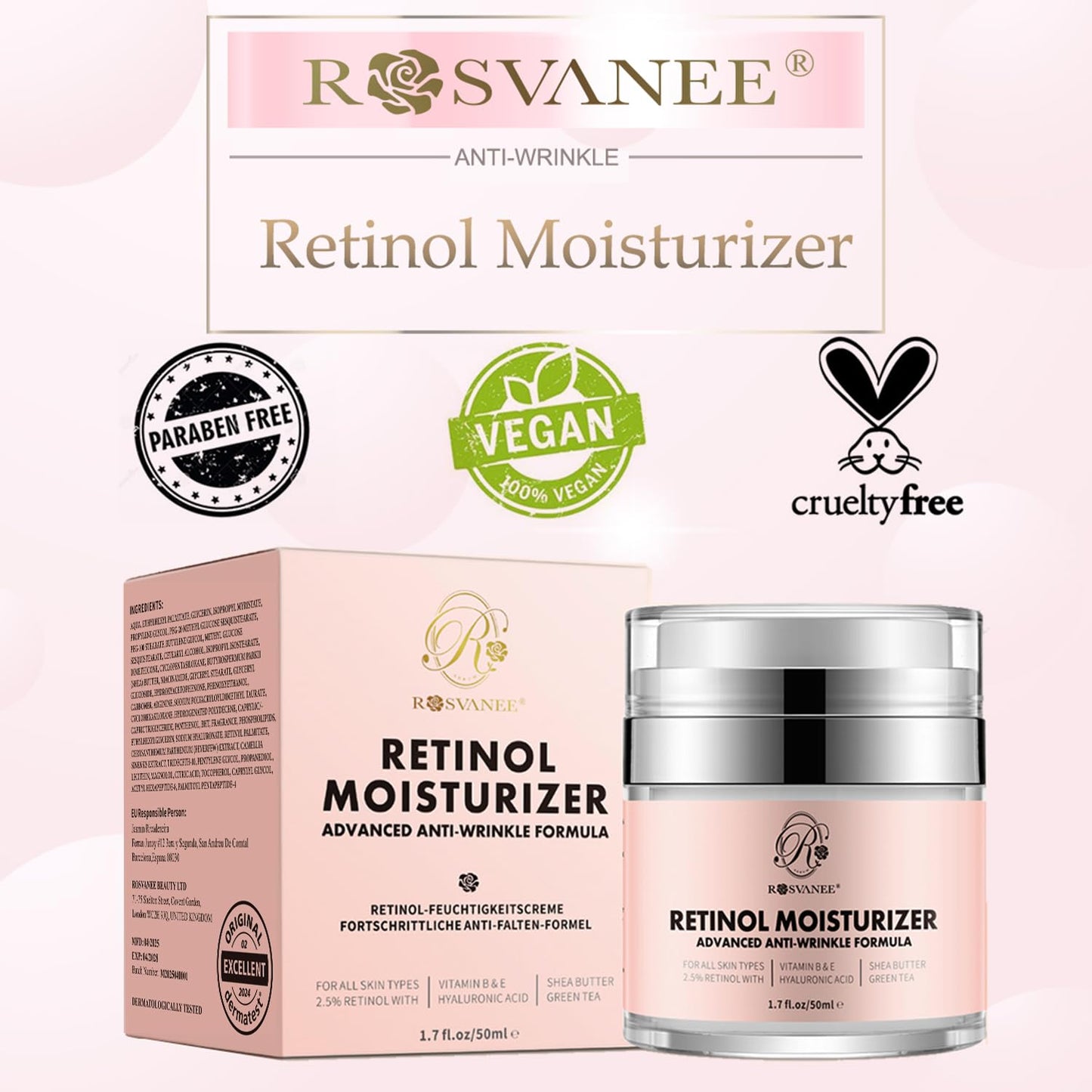 ROSVANEE Retinol Moisturizer Dermatologist Tested Anti Aging Cream for Face, Neck and Eye with 2.5% Retinol, Hyaluronic Acid and Vitamins E & B5, Anti Wrinkle Deep Hydration Cream for Men & Women