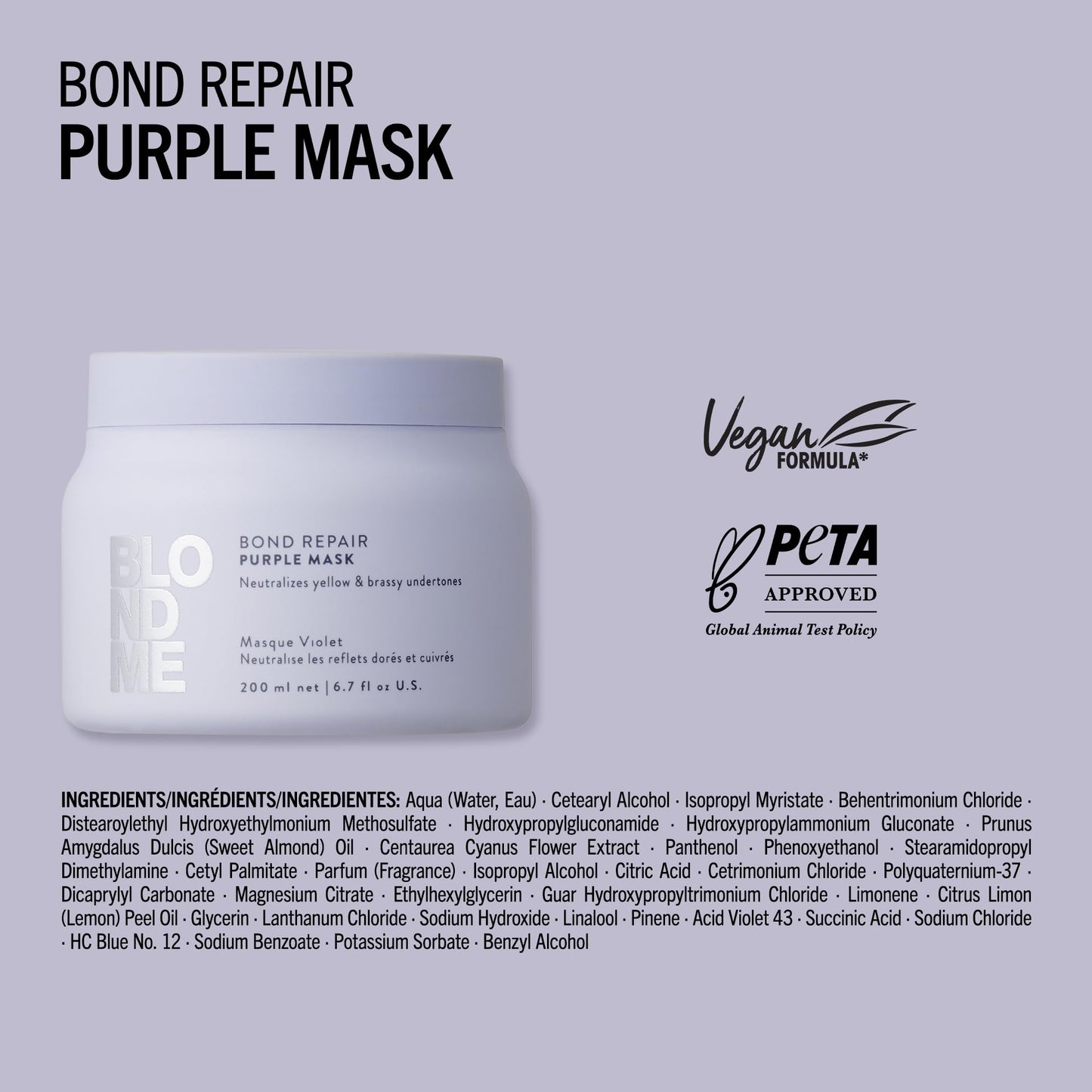 Schwarzkopf Professional BLONDME Bond Repair Purple Mask Hair Treatment Neutralizing Yellow Undertones For Colored Lighthened Bleached Hair Deeply Nourishing And Strengthening 200 ml