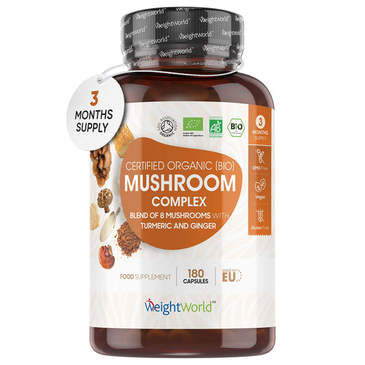Organic Mushroom Complex 8-180 Capsules - 1000mg - Lion's Mane and 7 Mushroom Blends (Reishi, Chaga, Cordyceps, Shitake, Oyster, Maitake & Coprius) - Added Turmeric & Ginger - Vegan Capsules