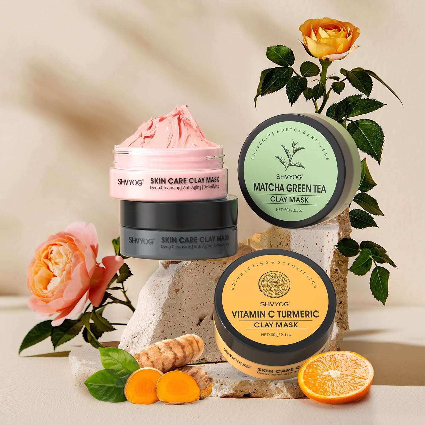 Clay Face Mask Kit, Vitamin C Clay Mask with Turmeric, Dead Sea Mud Mask, Green Tea Mask, Rose Clay Mask, Skin Care Facial Mask for Deep Cleansing, Controlling Oil and Refining Pores (240g in Total)