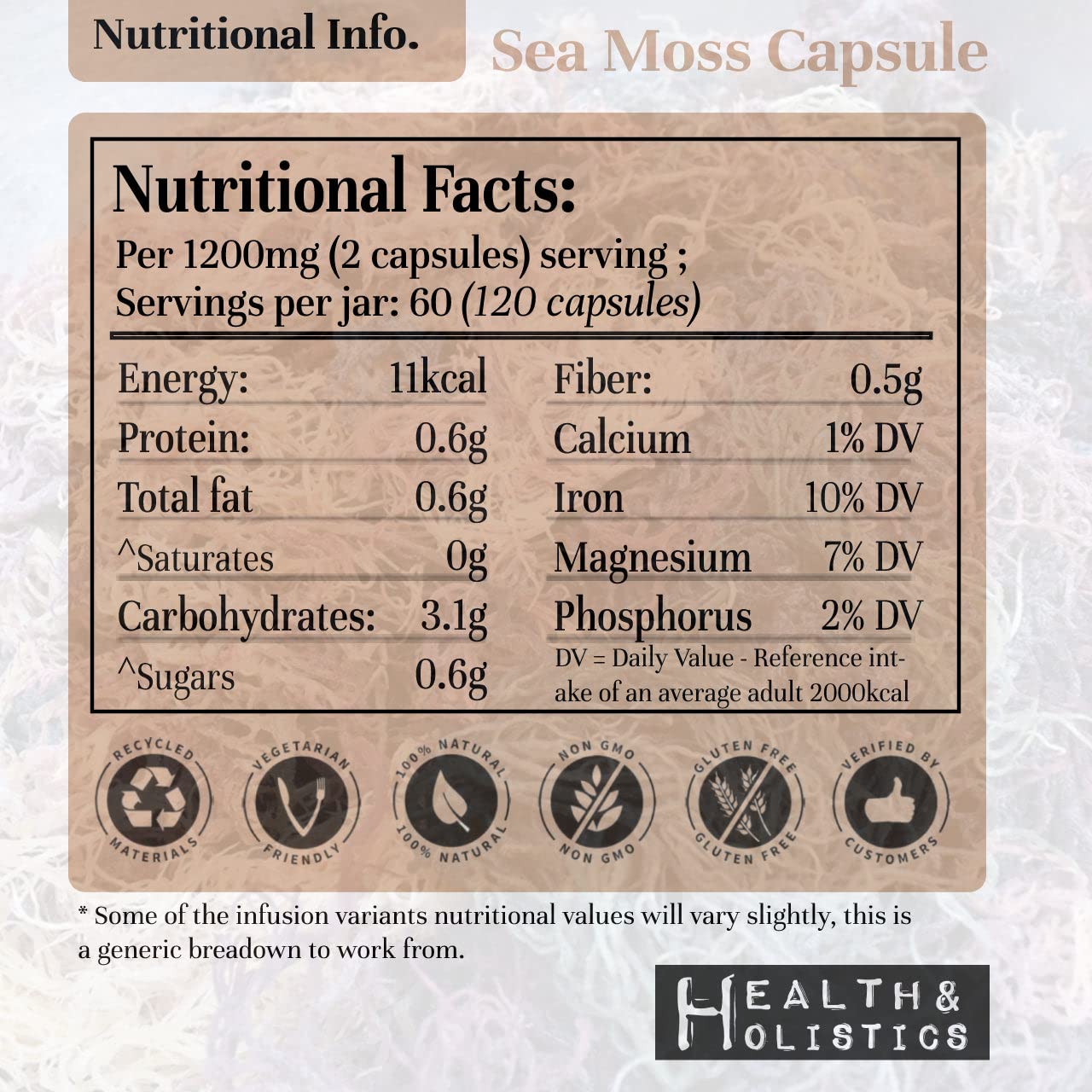 Sea Moss Capsules (St. Lucia - 60 caps) Organic | Wild Crafted | Non GMO | 92 Minerals - Containing Essential Vitamins and Minerals