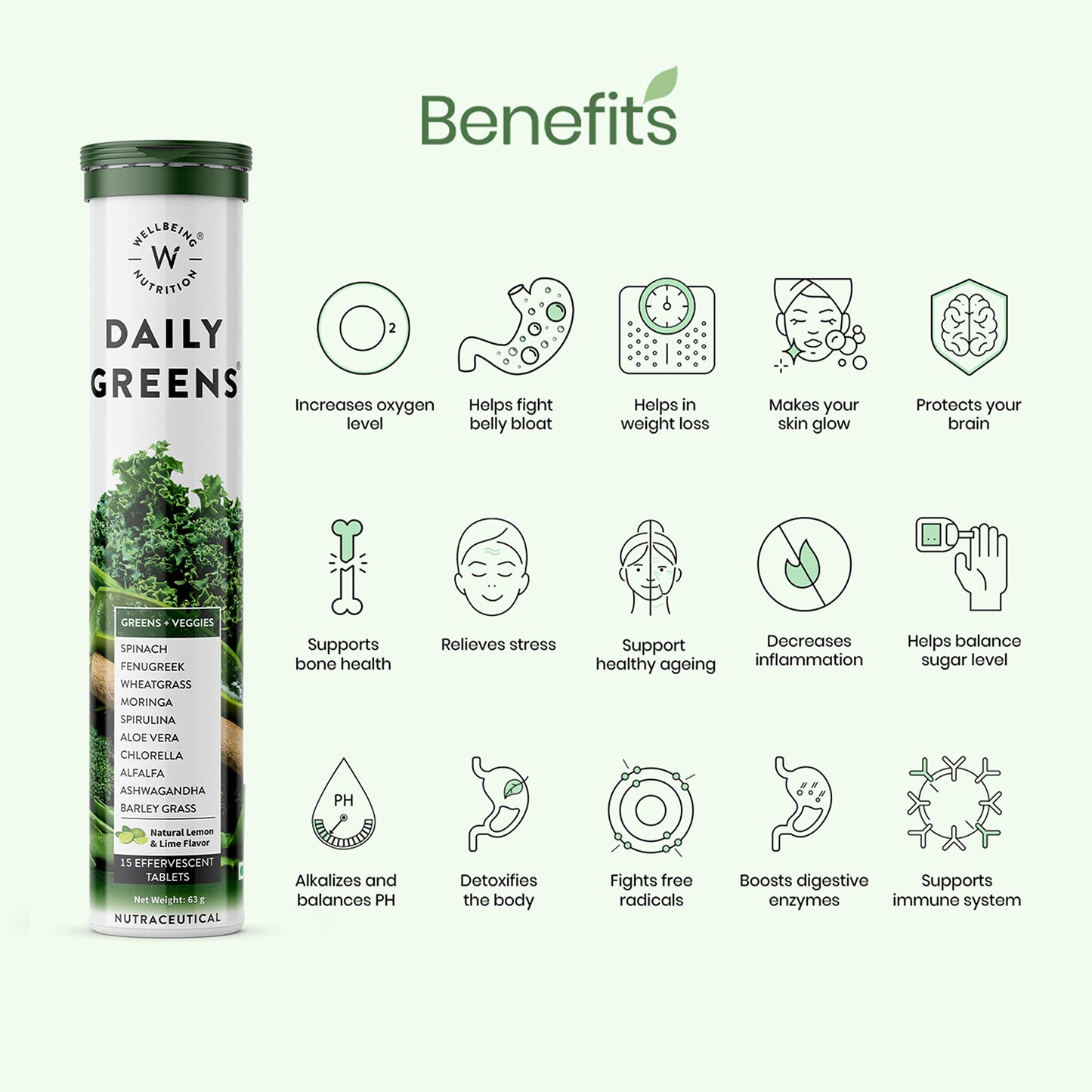 Wellbeing Nutrition Daily Greens | Wholefood Multivitamins with Vitamin C, Zinc, B6 for Immunity & Detox with Organic Certified Plant Superfoods & Antioxidants (2x15 Effervescent Tablets)