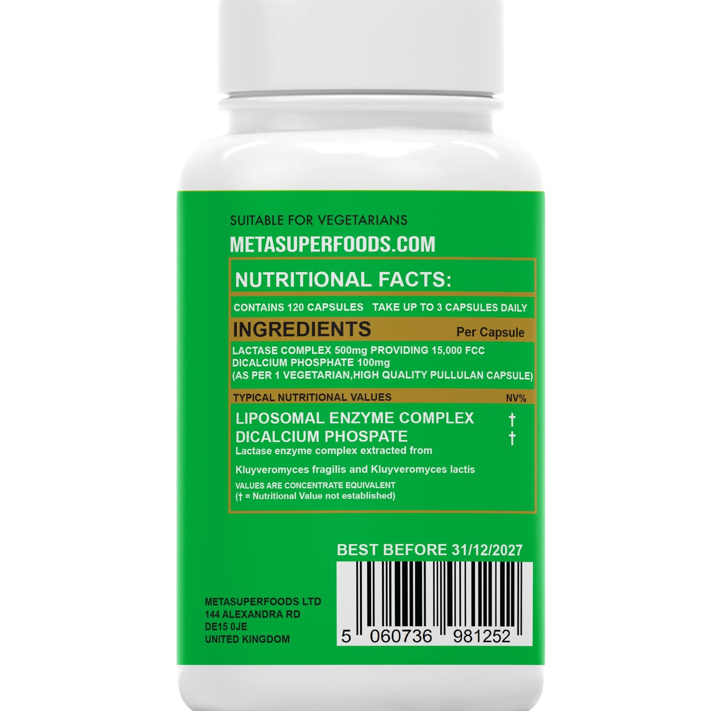 MetaSuperfoods Liposomal Lactase Enzyme 15000FCC | 120 High Strength Lactase Capsules | Enzyme Tablets | Lactose Digestion | Digestive Enzyme Food Supplement