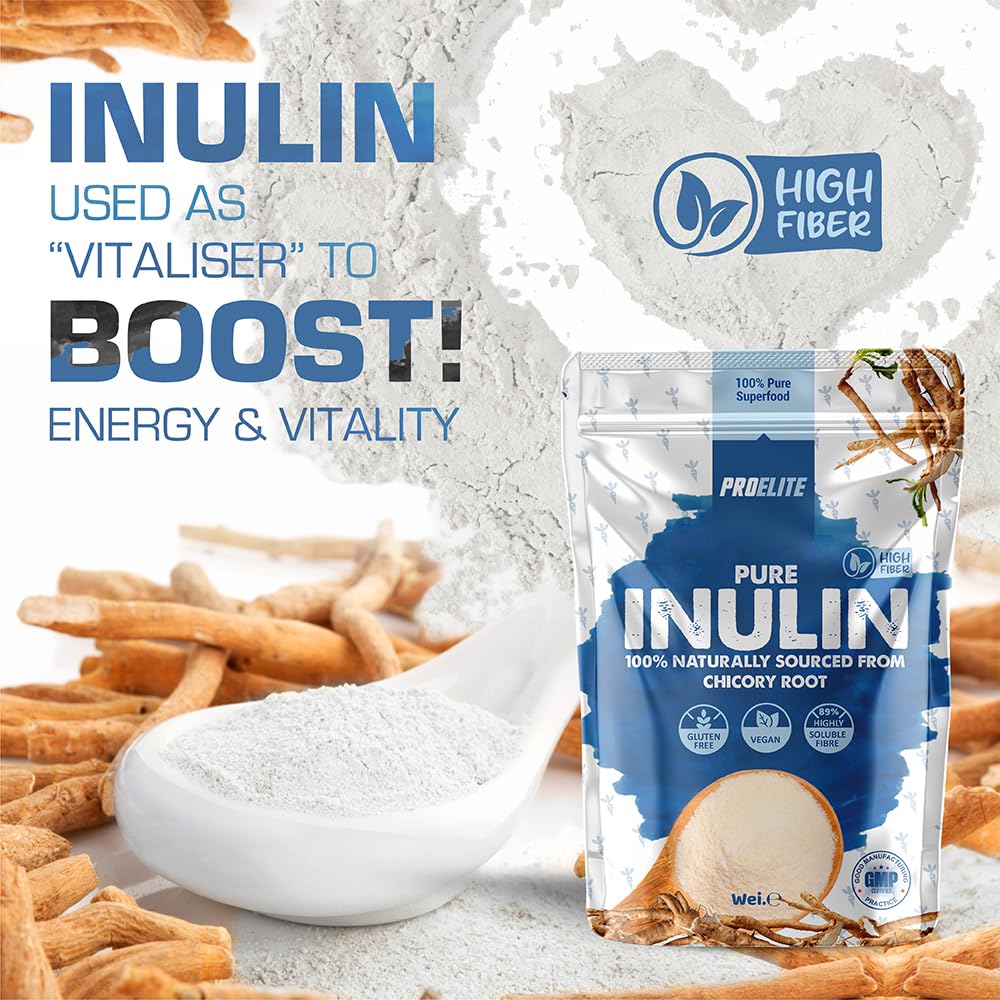 Pure Inulin Powder Prebiotic Soluble Fibre Powder - Vegan, GMO Free, Gluten Free Made in EU from Natural Chicory Root Fructo OligoSaccharide FOC Powder by PROELITE (250g)
