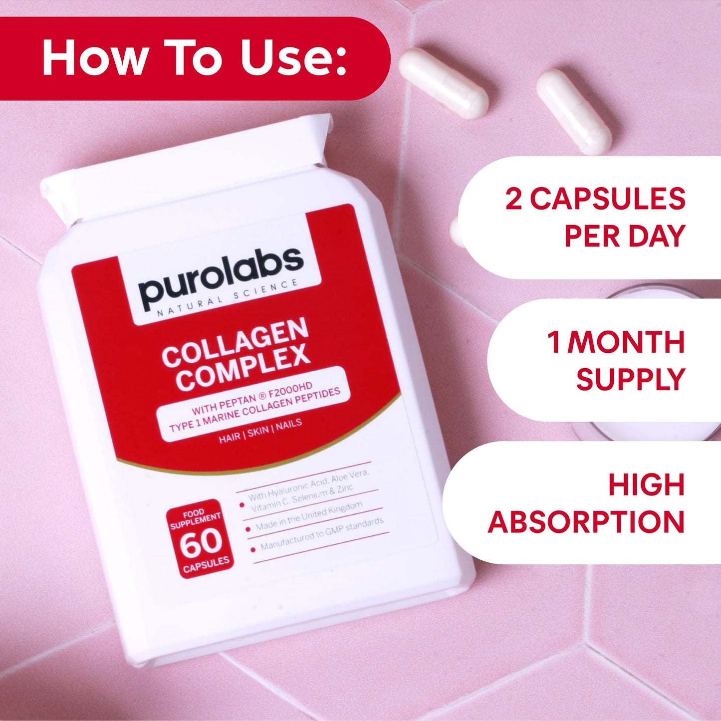 Purolabs Marine Collagen Complex - Collagen Supplement for Women & Men - with Hyaluronic Acid & Vitamin C - High Strength Type 1 Hydrolyzed Collagen Peptides - 60 Capsules - Skin, Hair & Nails