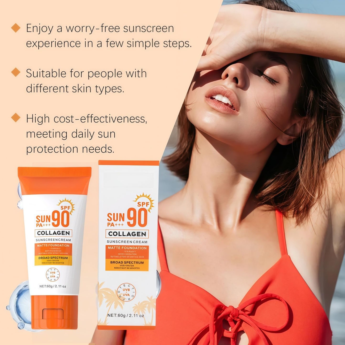 Fankayi Collagen Sunscreen SPF 90 PA+++,Ultra High Protection Sunblock Against UVA/UVB,Factor 90 Sun Cream Face Moisturiser,Ultra Light UV Protetion Face Sunscreen,Sunscreen Fa/ce,Factor 90 Sun Cream