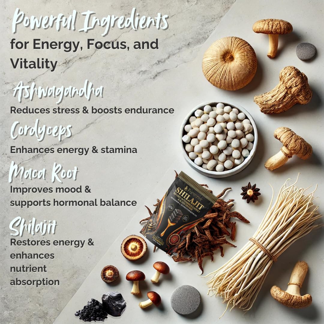 PURETREX Shilajit Gummies with Manuka Honey & Blood Orange – Energy, Focus, and Vitality Support with Ashwagandha, Cordyceps, & Maca Root – 30 Gummies