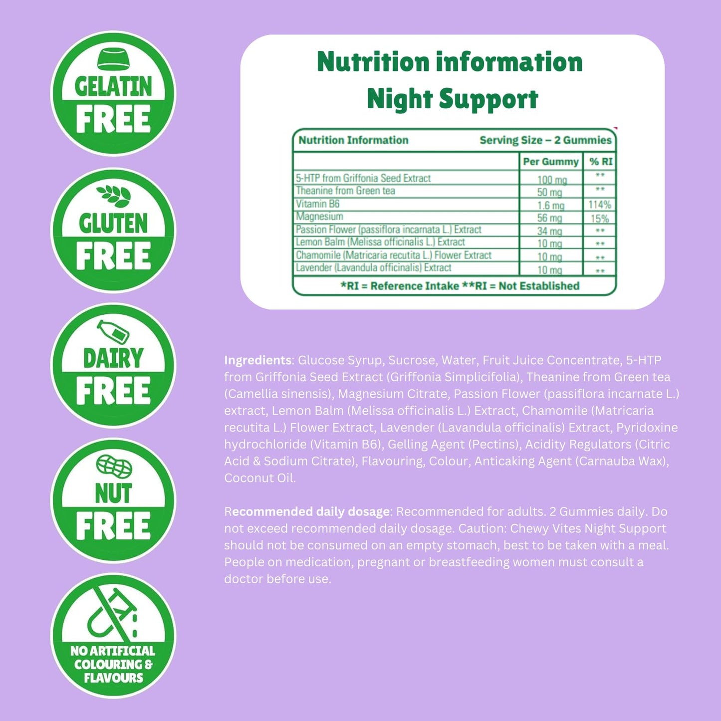 Chewy Vites Adult Gummies Night Support 60 Gummy Vitamins |with 5-HTP,Magnesium, Theanine, Chamomile & Lavender | Non-Melatonin | Herbal Night Support |1 Months Supply | Berry Flavour