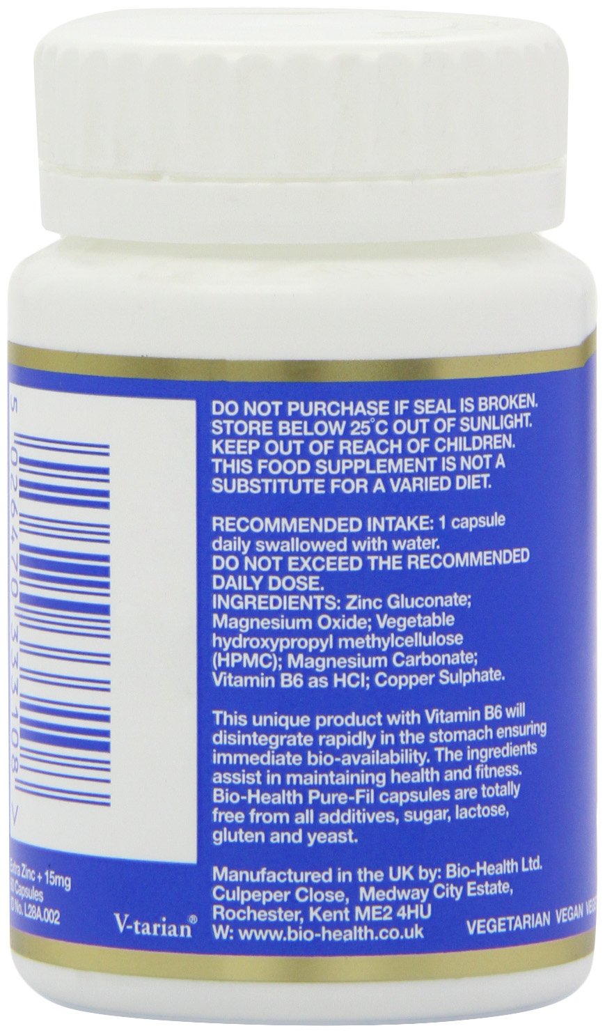 Bio-Health Extra Zinc Food Supplement with Vitamin B6, Magnesium and Copper Supports Normal Function of The Immune System Suitable for Vegetarians and Vegans, 60 Capsules