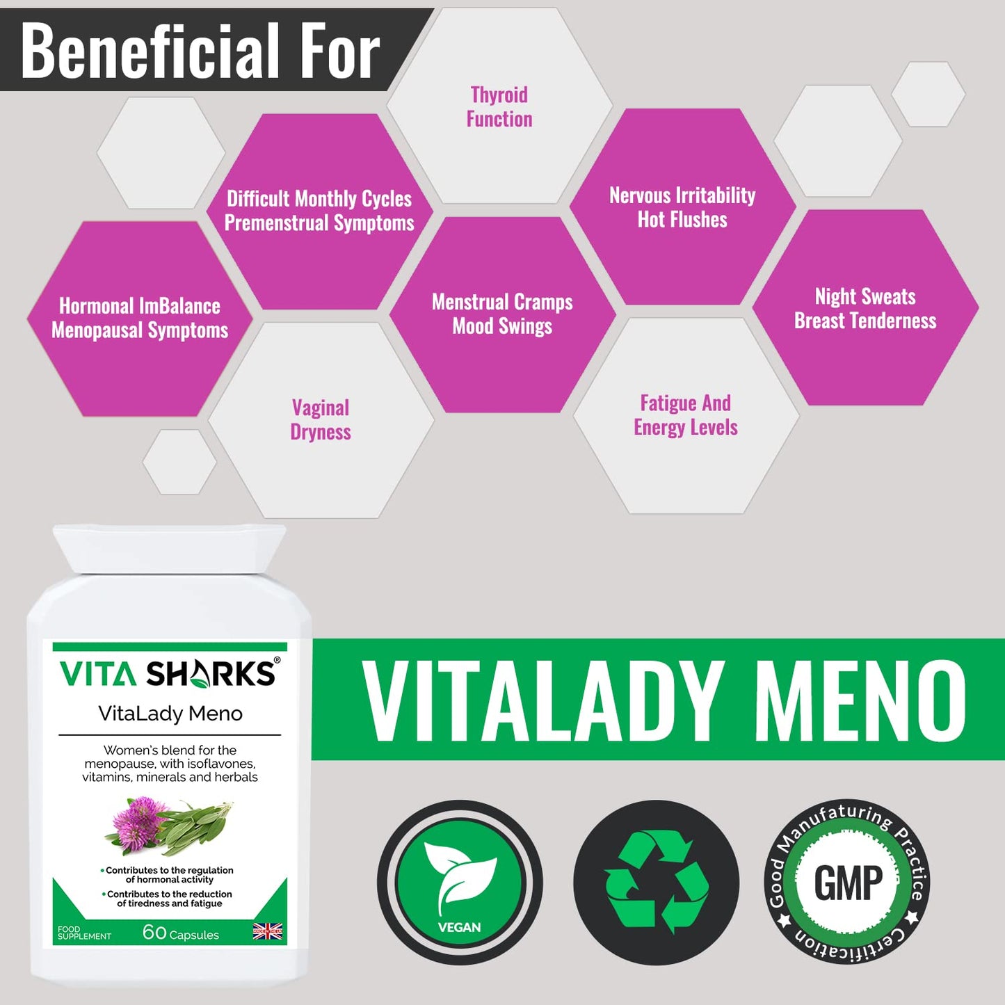 Vita Sharks VitaLady Meno for Natural Relief & Support of Menopause Symptoms & Hot Flashes, with 13 Potent Kosher Vegan Herbal Ingredients Including B6, Zinc & Isoflavones