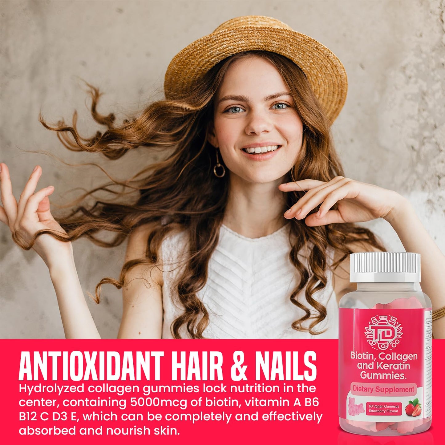 Biotin, Collagen and Keratin Gummies, Vitamins A, B6, B12, C, D, E | Supports Healthier Hair, Skin, Nails - 60 Vegan Strawberry Flavoured Gummies