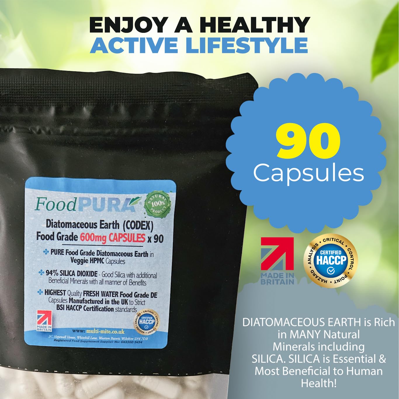 FoodPURA Food Grade Diatomaceous Earth Capsules (Codex) Pure White 94% Silica Fresh Water Sourced 600mg (90)