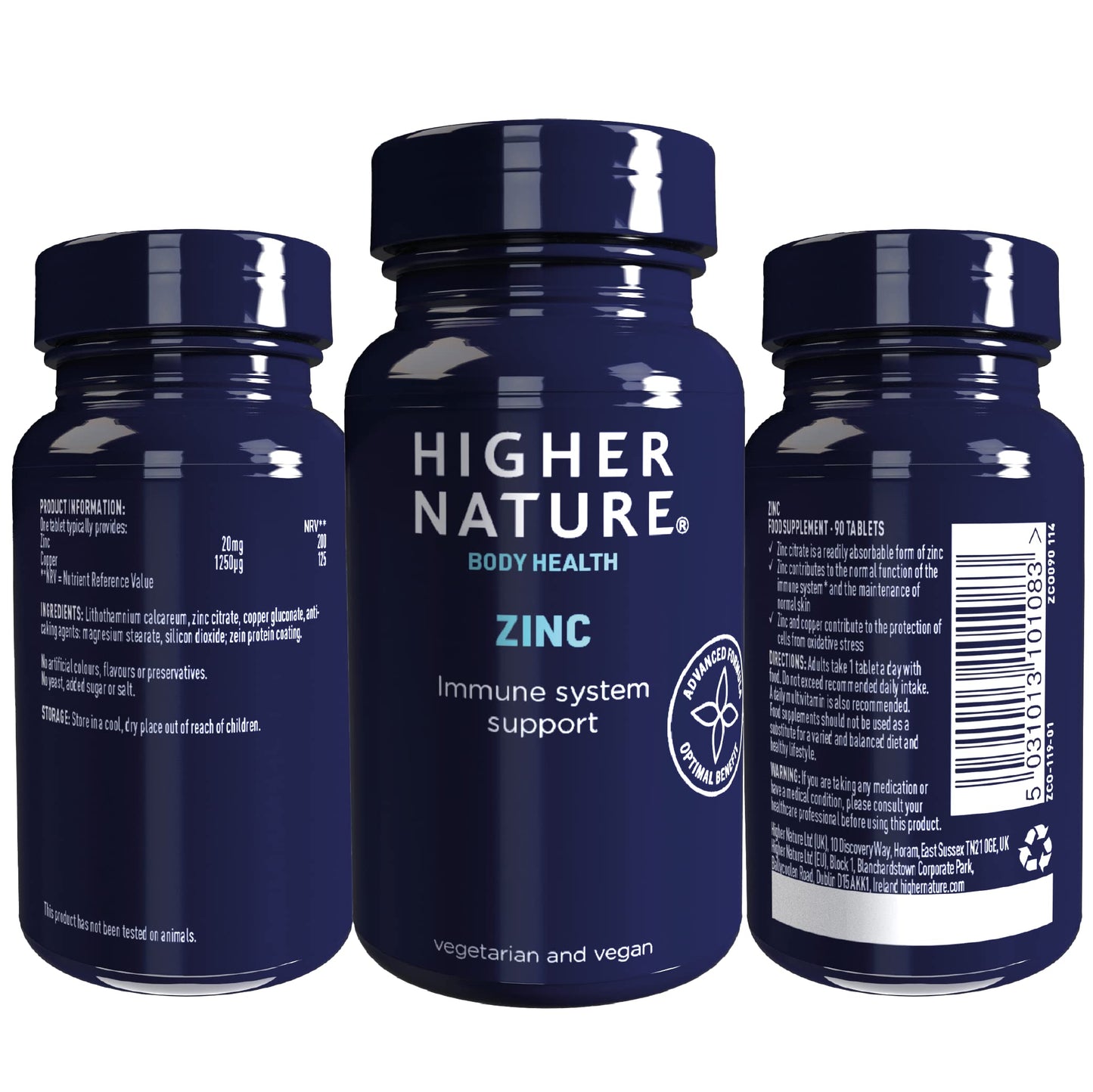 HIGHER NATURE Higher Nature - Zinc - Immune System, Cognitive Function & Fertility Support - Gluten Free - Vegetarian & Vegan - 90 Tablets