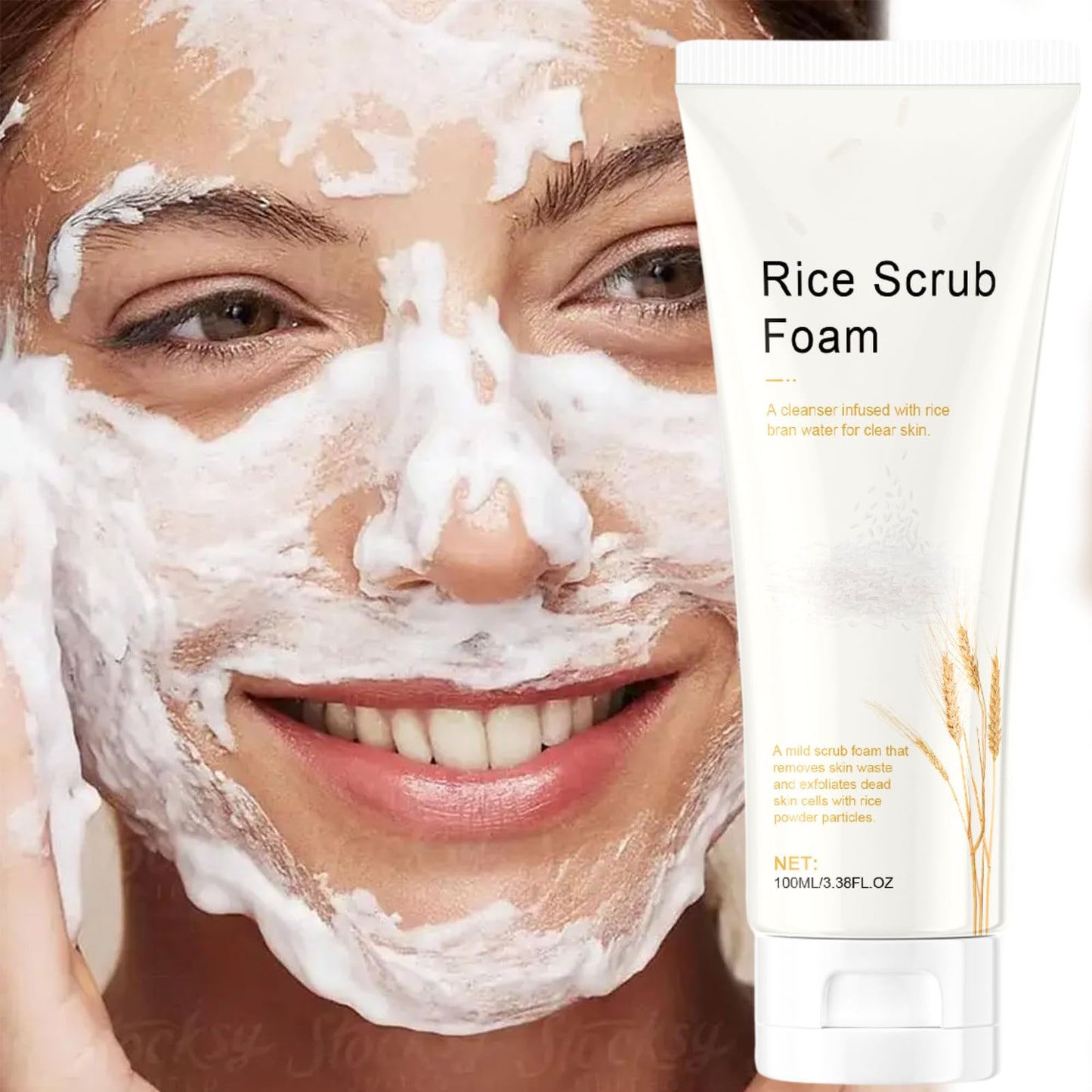 IZBEAUVO Rice Foam Facial Wash, Gentle Rice Milk Exfoliating Cleanser, Exfoliating Rice Milk Face Wash, Rice Scrub Facial Cleanser for Deep Pore Cleansing, Removes Dirt & Impurities, Fights Acne & Redness