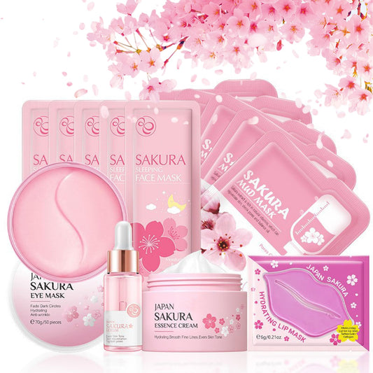 Skin Care Sets & Kits, Cherry Blossom Skincare Set Skin Care for Teenage Girls, Pamper Sets for Women Skincare Sets with Face Cream,Face Serum,Lip Mask,Sleep Mask,Eye Mask,Mud Mask