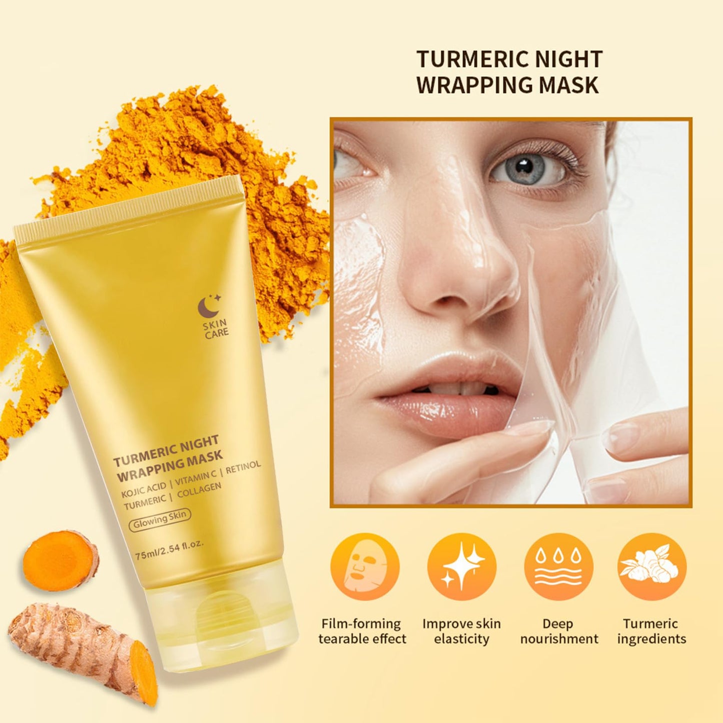 Turmeric Collagen Face Mask, Collagen Night Wrapping Mask, Peel Off Face Masks, Overnight Korean Skincare – Hydrating, Brightening & Firming Facial Treatment For Glowing Skin