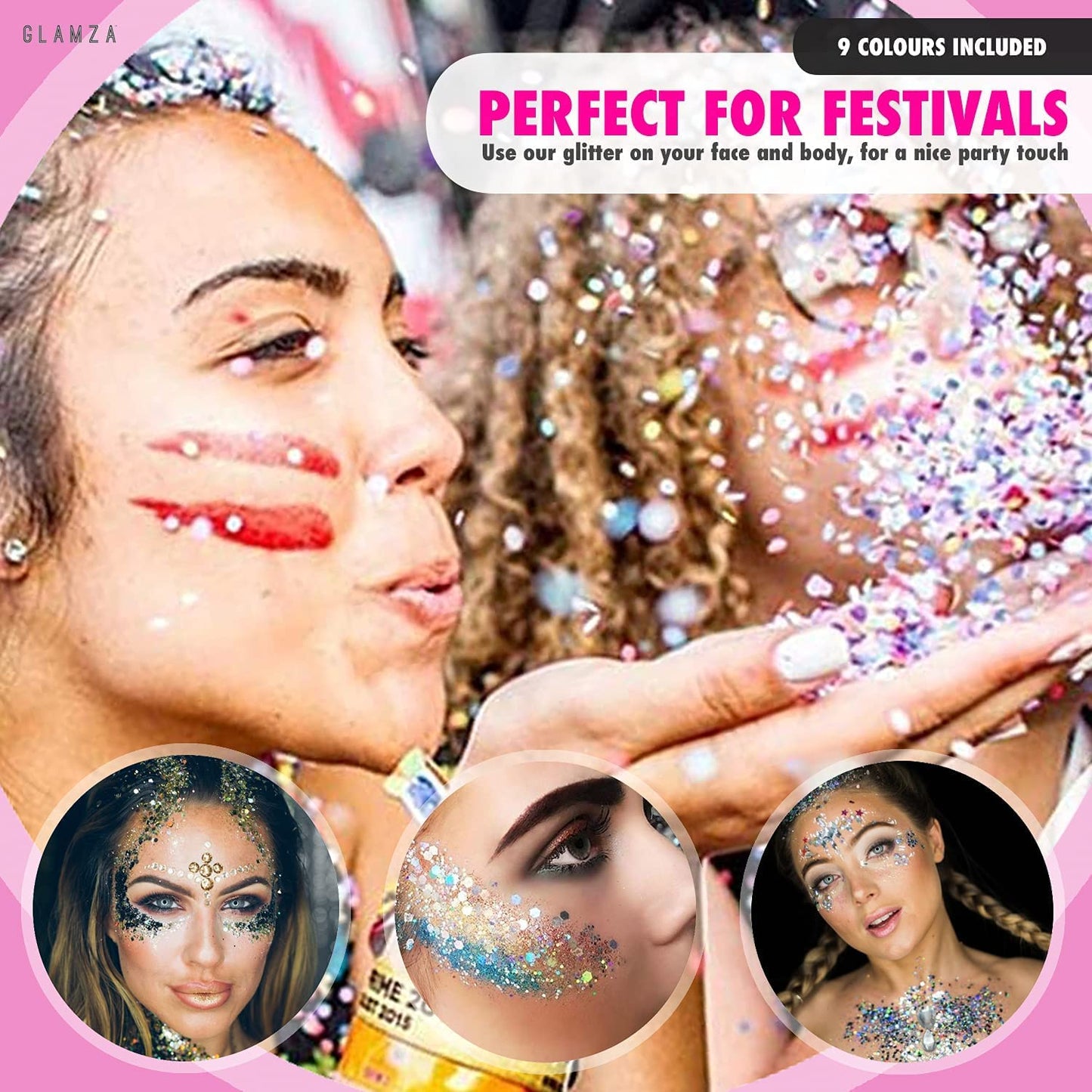 Glamza Festival Face Jewels x6 Sets of Face Gems PLUS x9 Sachets of 10g Glitter Pouches for Face & Body