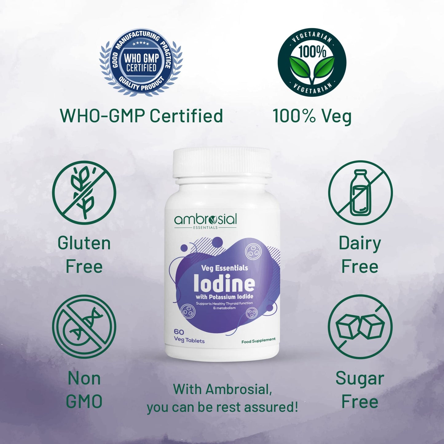 AMBROSIAL Ambrosial Iodine Supplement 5000mcg with 7500 mcg Potassium Iodide| High Strength Iodine Tablets | Natural Source of Iodine from Potassium Supplements & Iodide Tablets (Pack of 2-120 Tablets)
