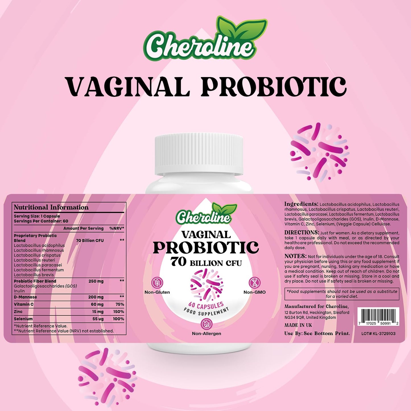 Cheroline Vaginal Probiotics for Women, 70 Billion CFU, 7 Strains with Prebiotic Blend, 13-in-1 Probiotic for PH Balance, Vaginal, Urinary & Immune Health, 60 Vegan Capsules (60 Count (Pack of 2))