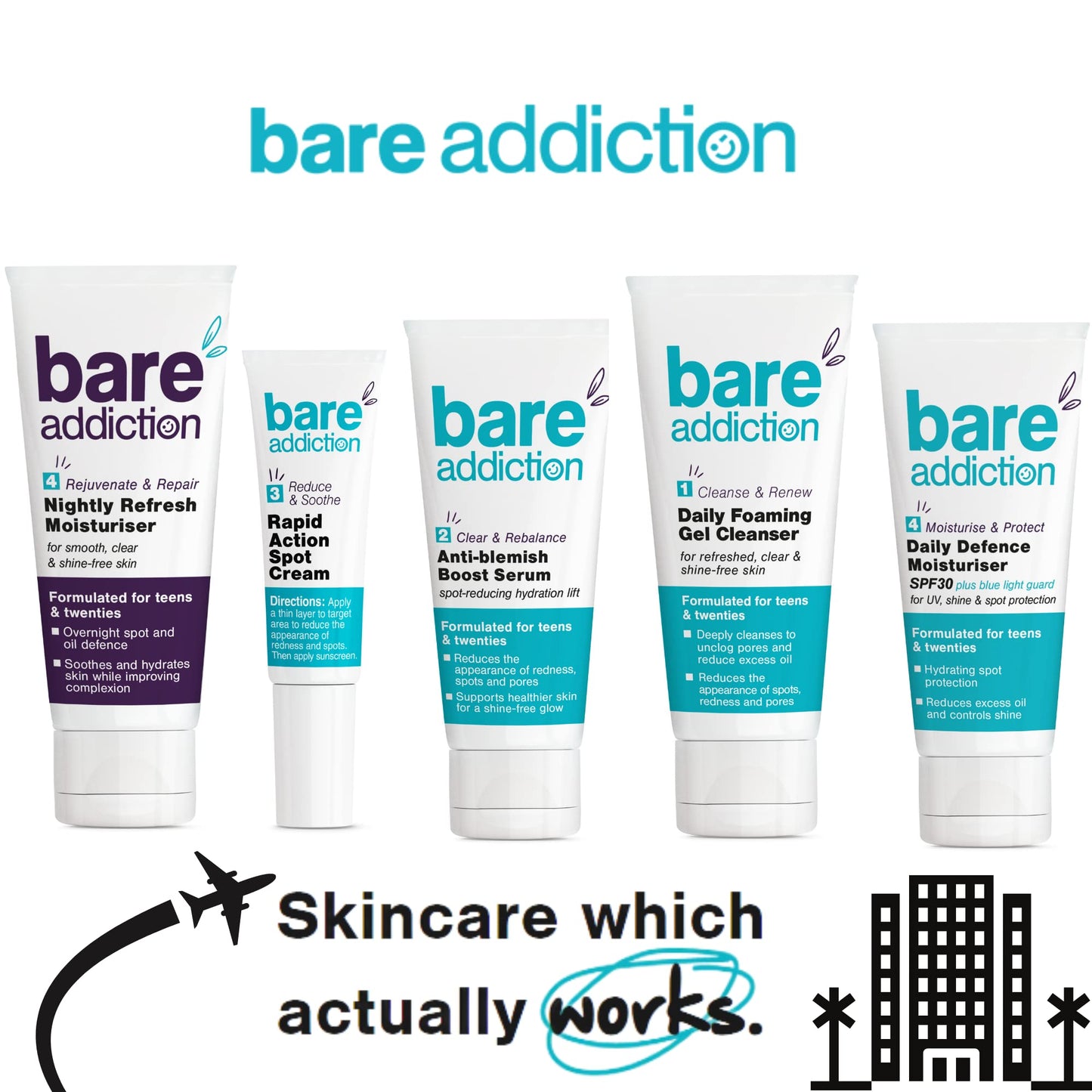 Bare Addiction Travel Size Skincare Moisturiser Cleanser Serum and Spot Cream Starter Kit: Daily Foaming Cleanser & Anti Blemish Boost Serum