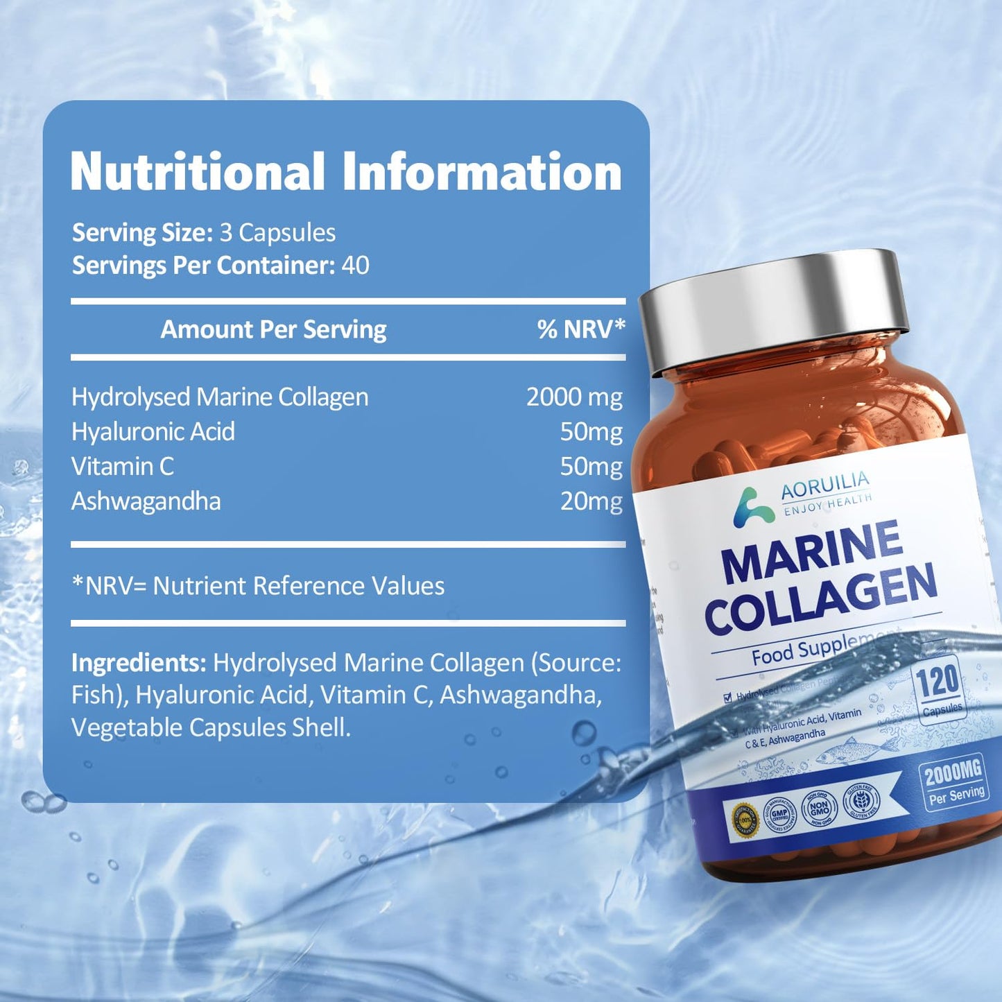 Marine Collagen Supplements for Women Men 2000mg 120 Capsules Hyaluronic Acid, Vitamin C, Vitamin E & Ashwagandha, Hydrolysed Collagen Peptides Types I & III Collagen Complex for Skin Joints Hair