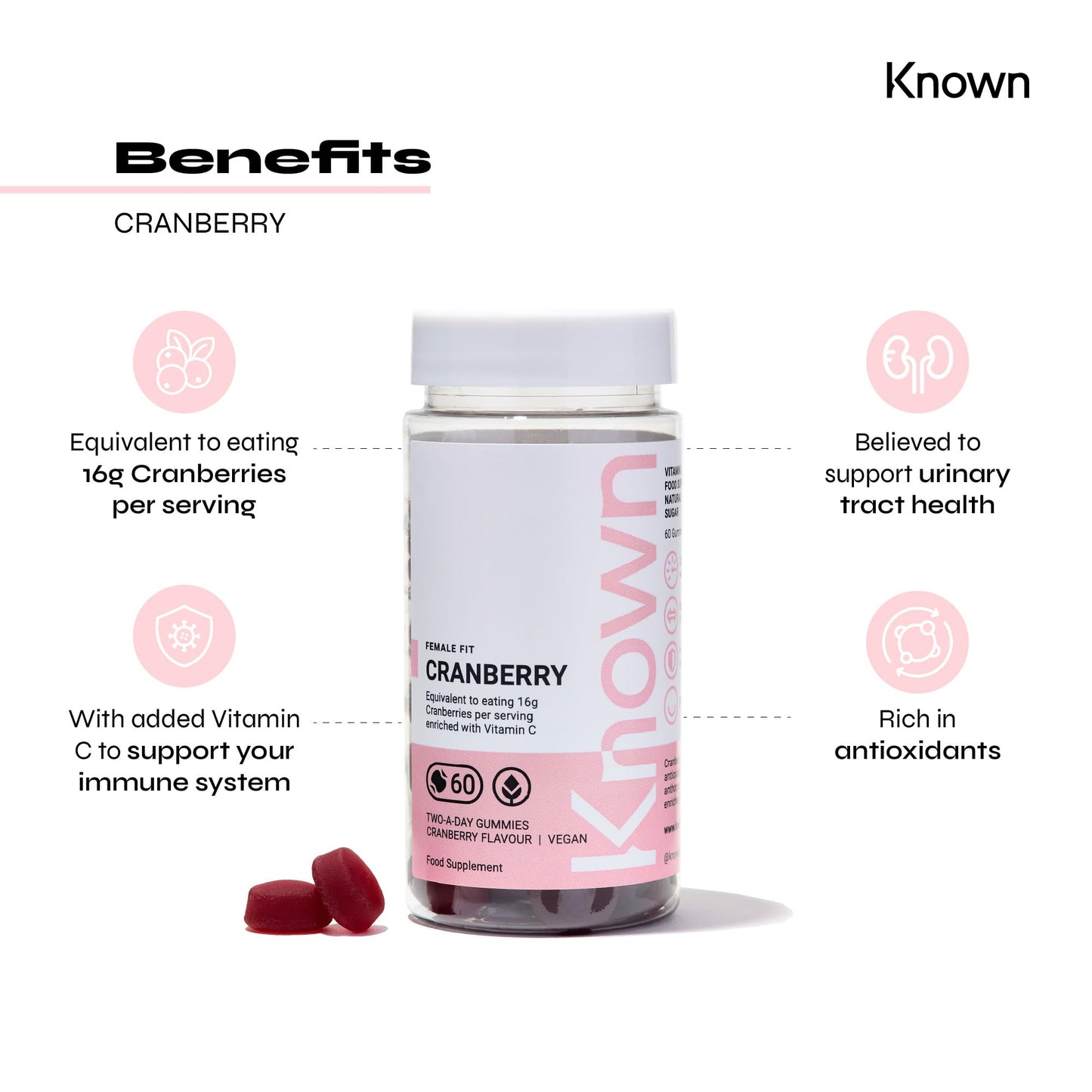 Vegan Cranberry Gummies by Known Nutrition | Natural Cranberry Support | Delicious Natural Cranberry Flavour | 60 Two-a-Day Vegan Vitamin Gummies (One Month’s Supply)