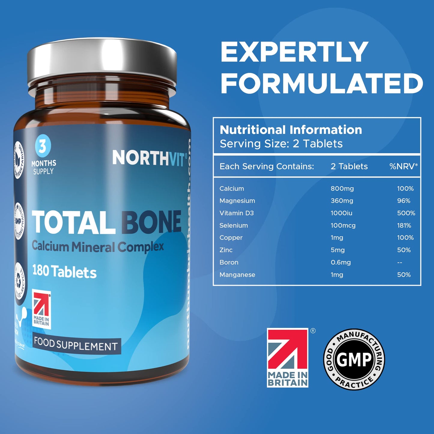 Total Bone® Calcium Magnesium Zinc & Vitamin D3 Supplement – 180 Vegetarian Tablets – 3 Month Supply High Strength Osteo Tablets – Strong Bones & Teeth – Calcium Mineral Complex
