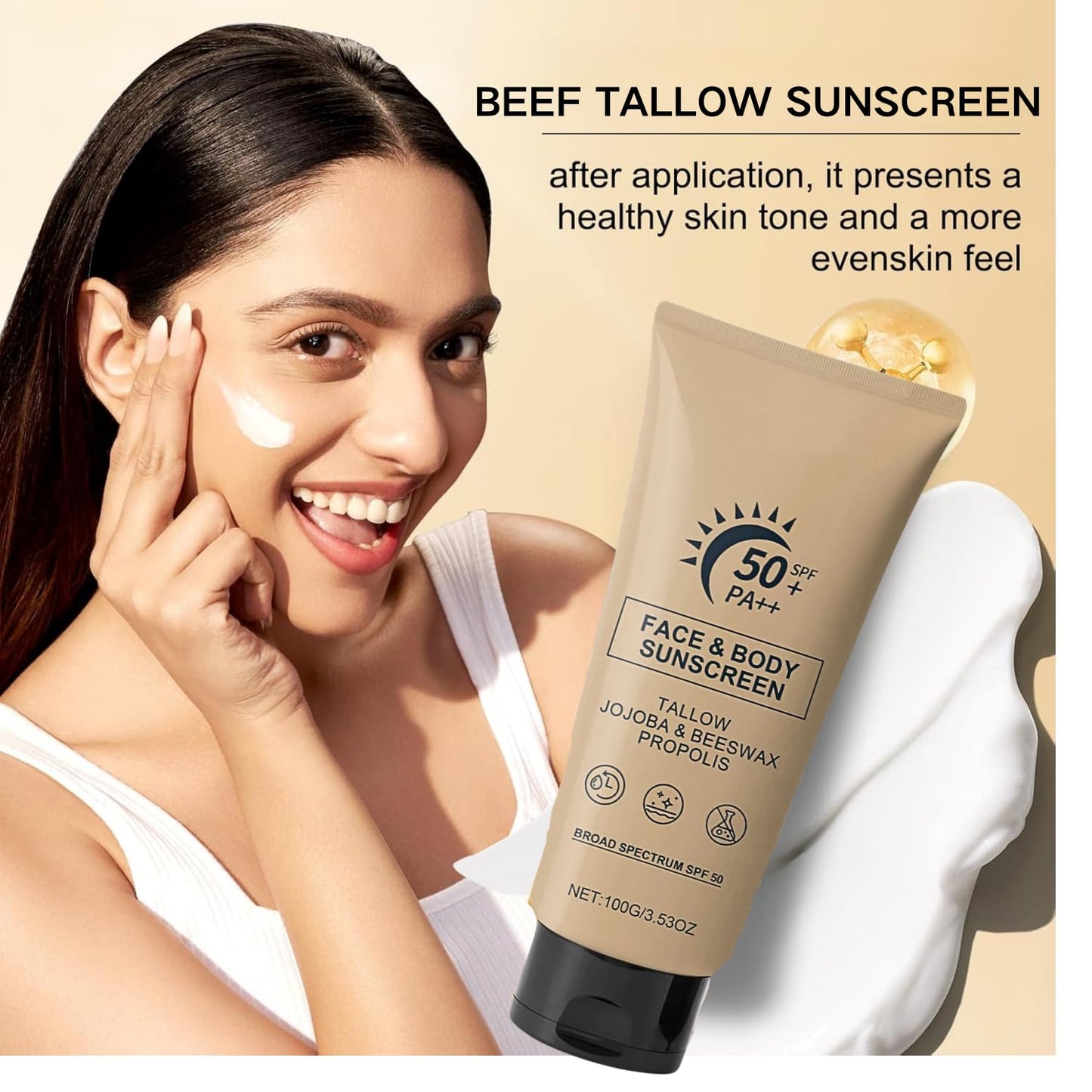 IZBEAUVO Beef Tallow Sunscreen SPF 50+, Organic Sunscreen SPF 50+ Face Moisturiser, Grass Fed Beef Tallow Natural Sunscreens,No White Cast, Non Greasy Formula for Face & Body Dry Sensitive Skin
